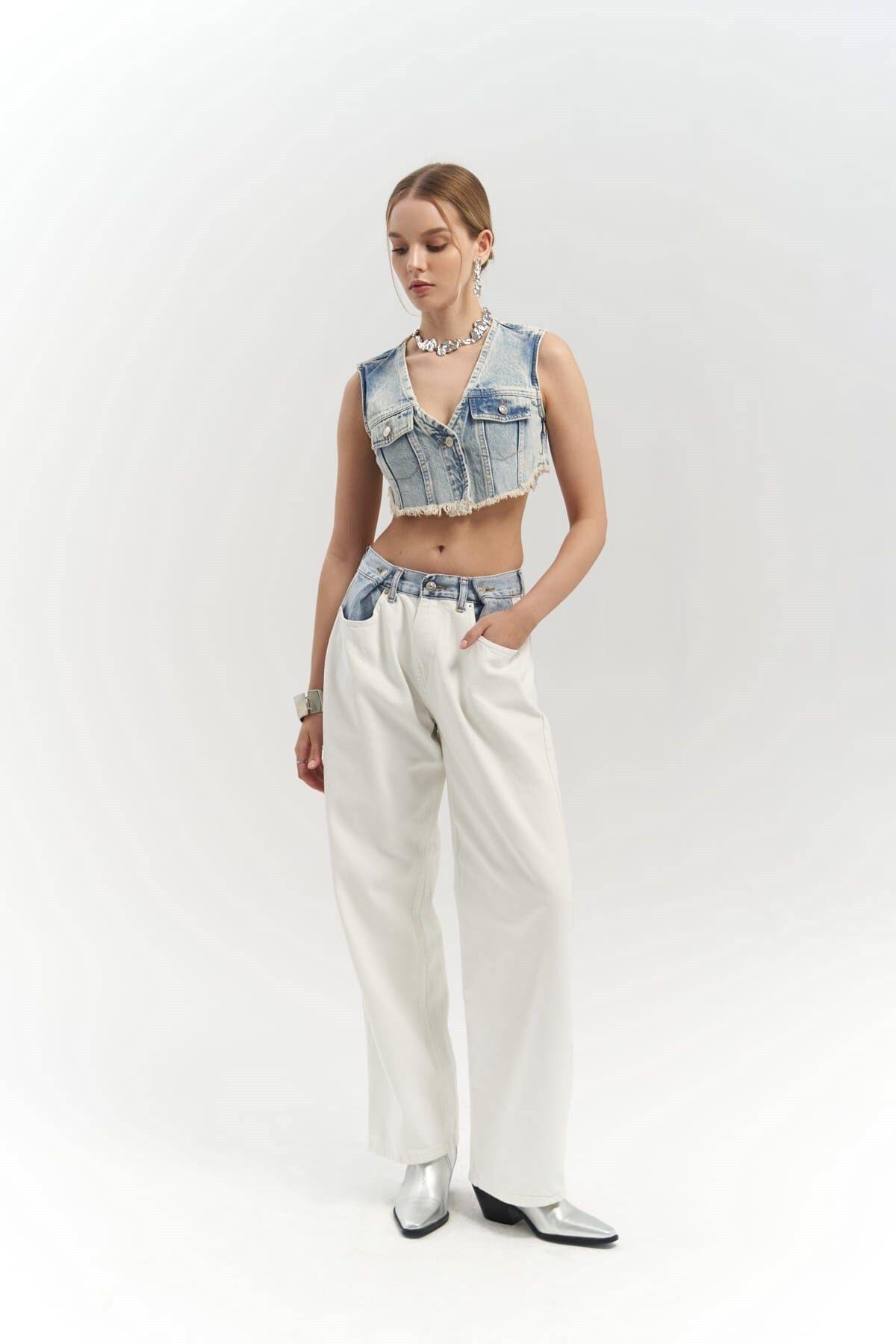 Unique Beyaz / Mavi Jean Pantolon