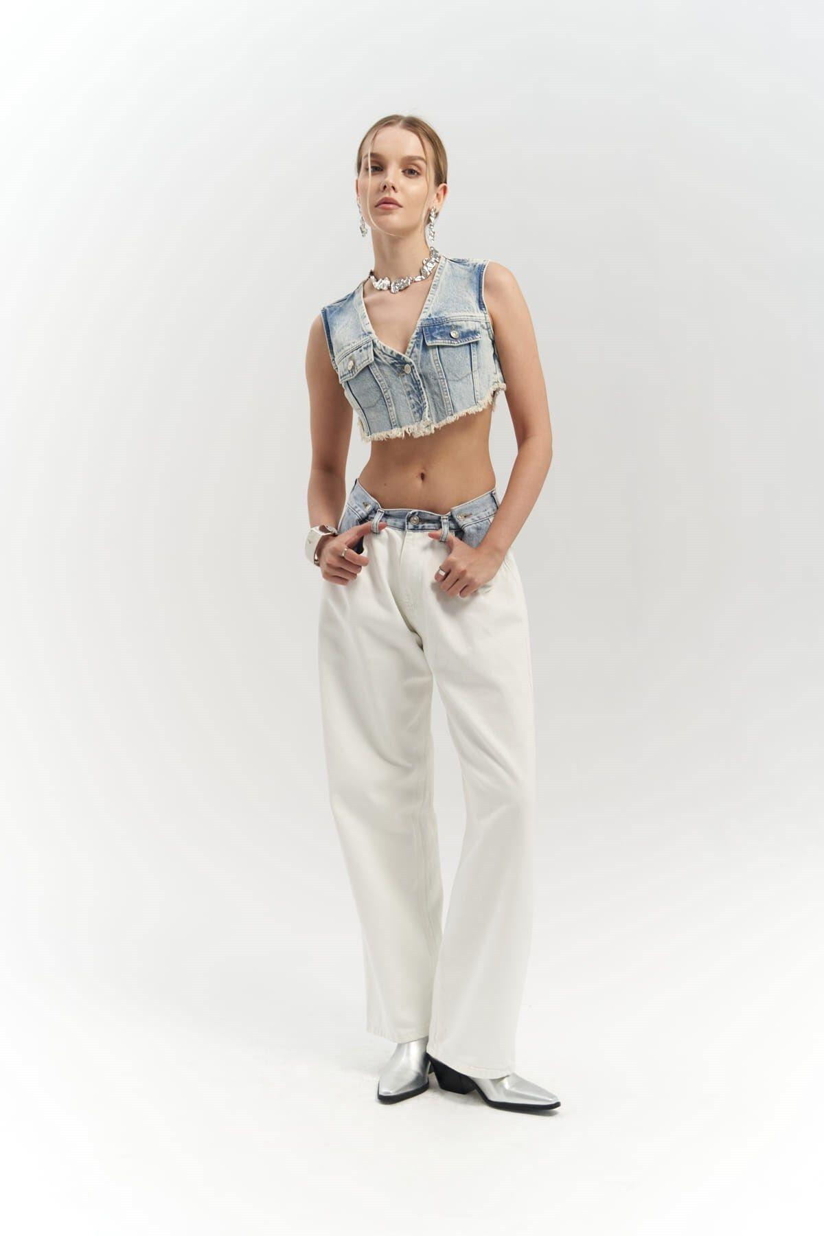 Unique Beyaz / Mavi Jean Pantolon