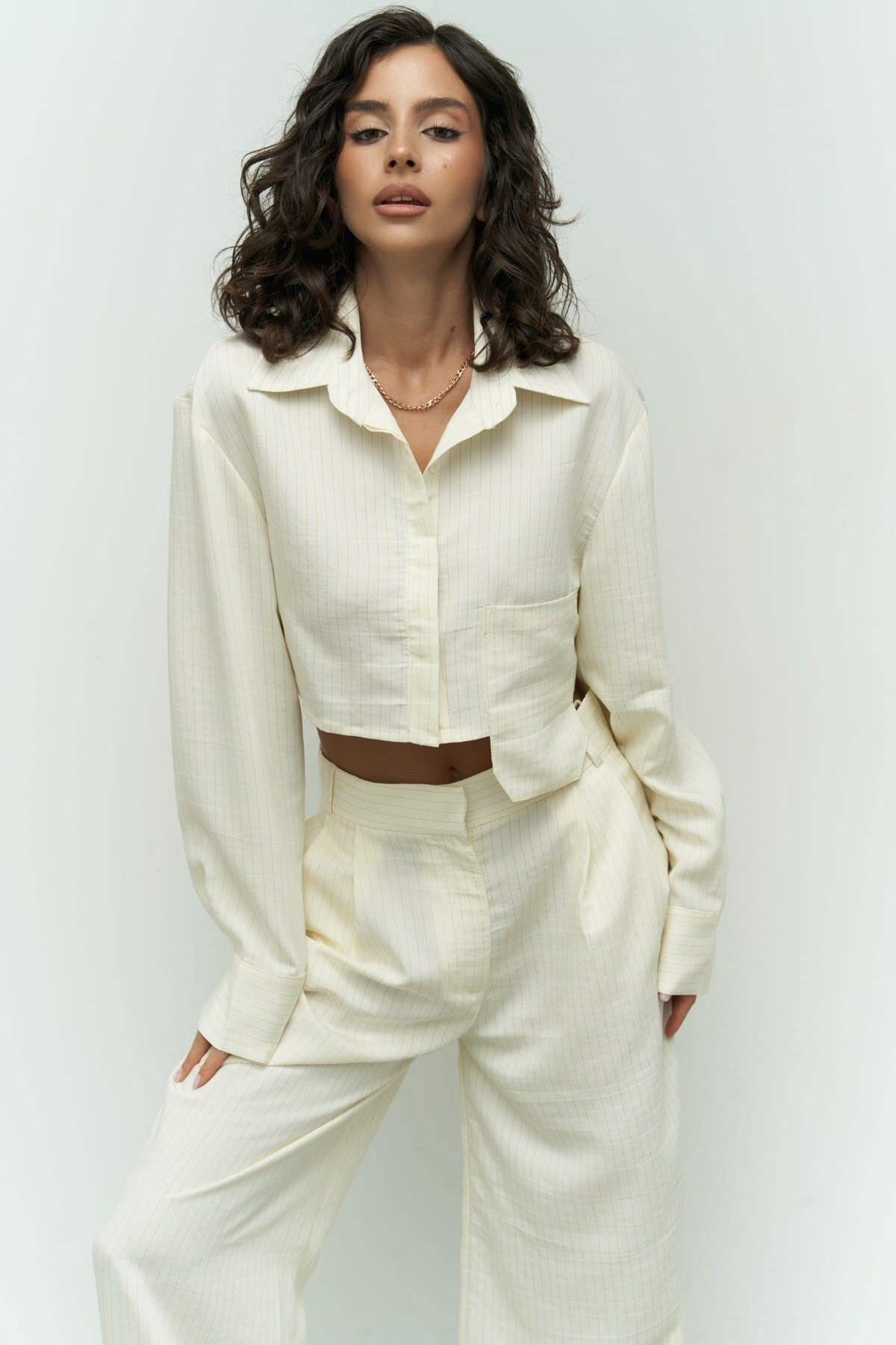 Valente Ekru Crop Gömlek Pantolon Takım