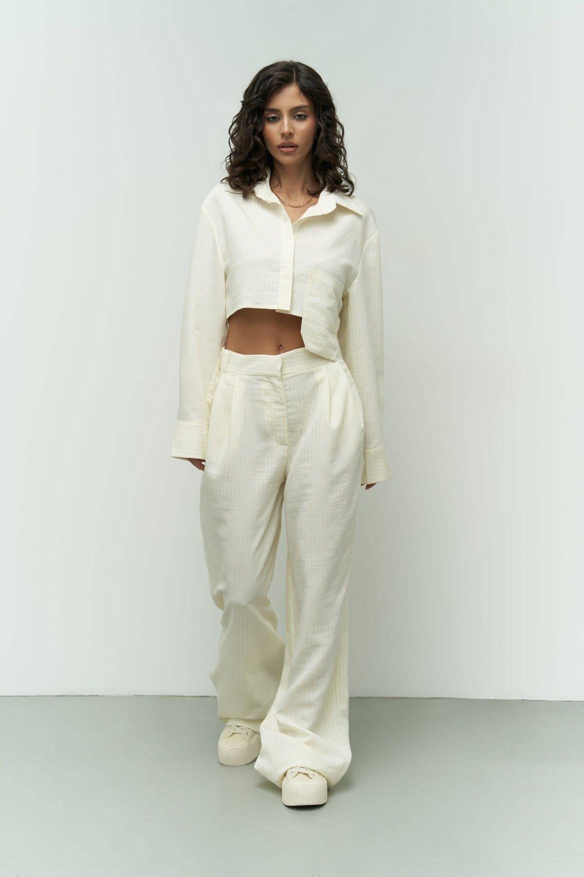 Valente Ekru Crop Gömlek Pantolon Takım