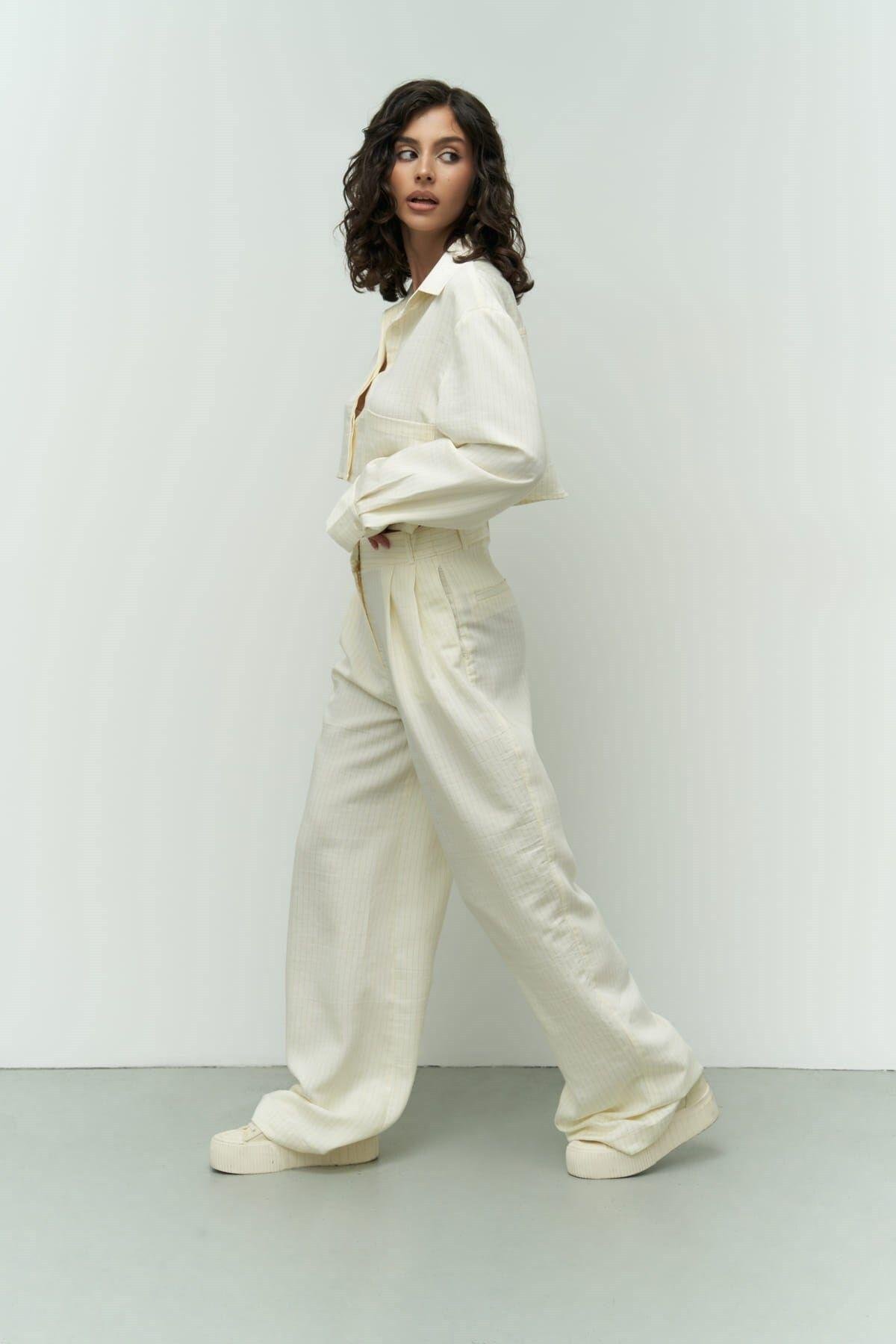 Valente Ekru Crop Gömlek Pantolon Takım