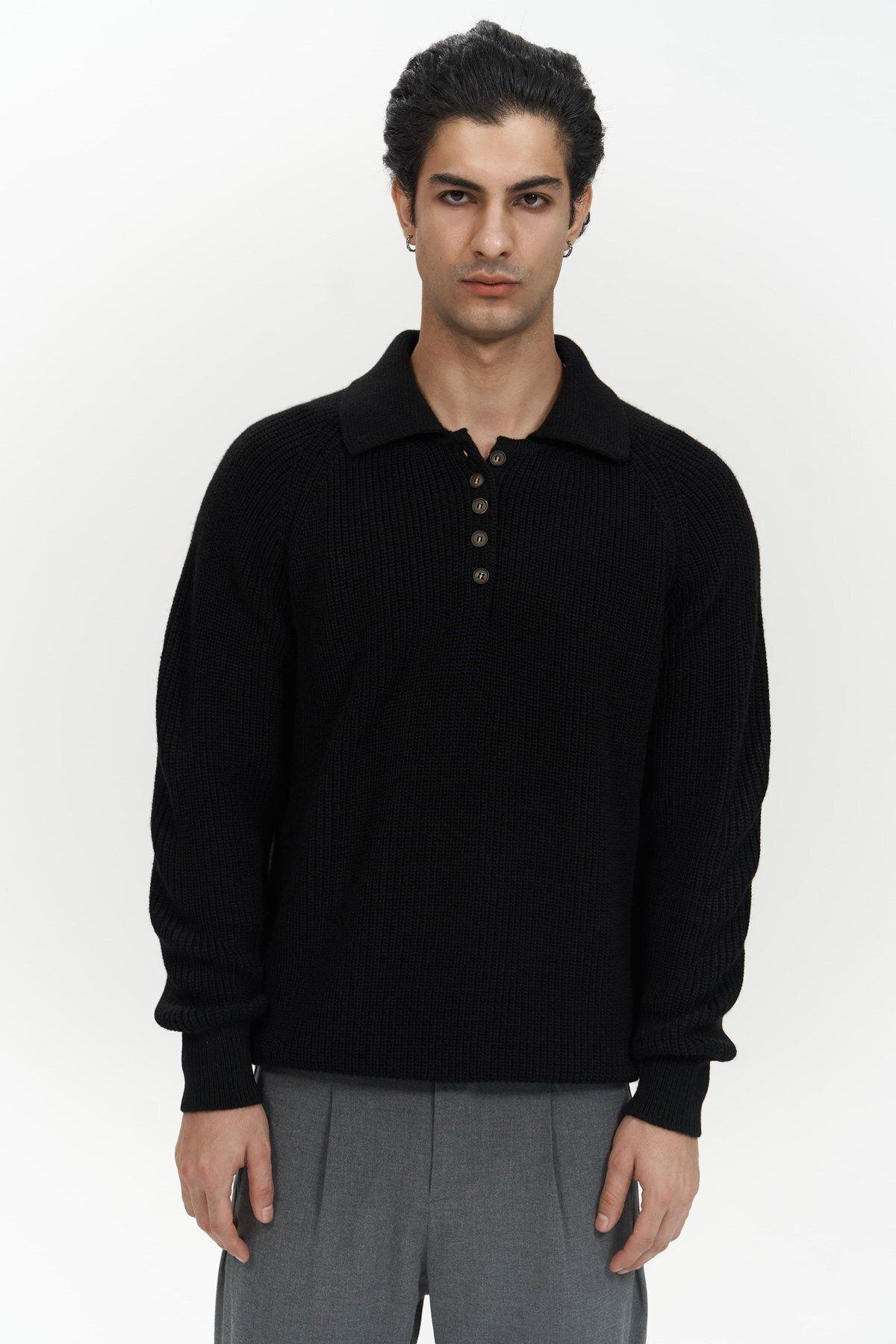 Vander Düğme Detay Siyah Erkek Triko Kazak