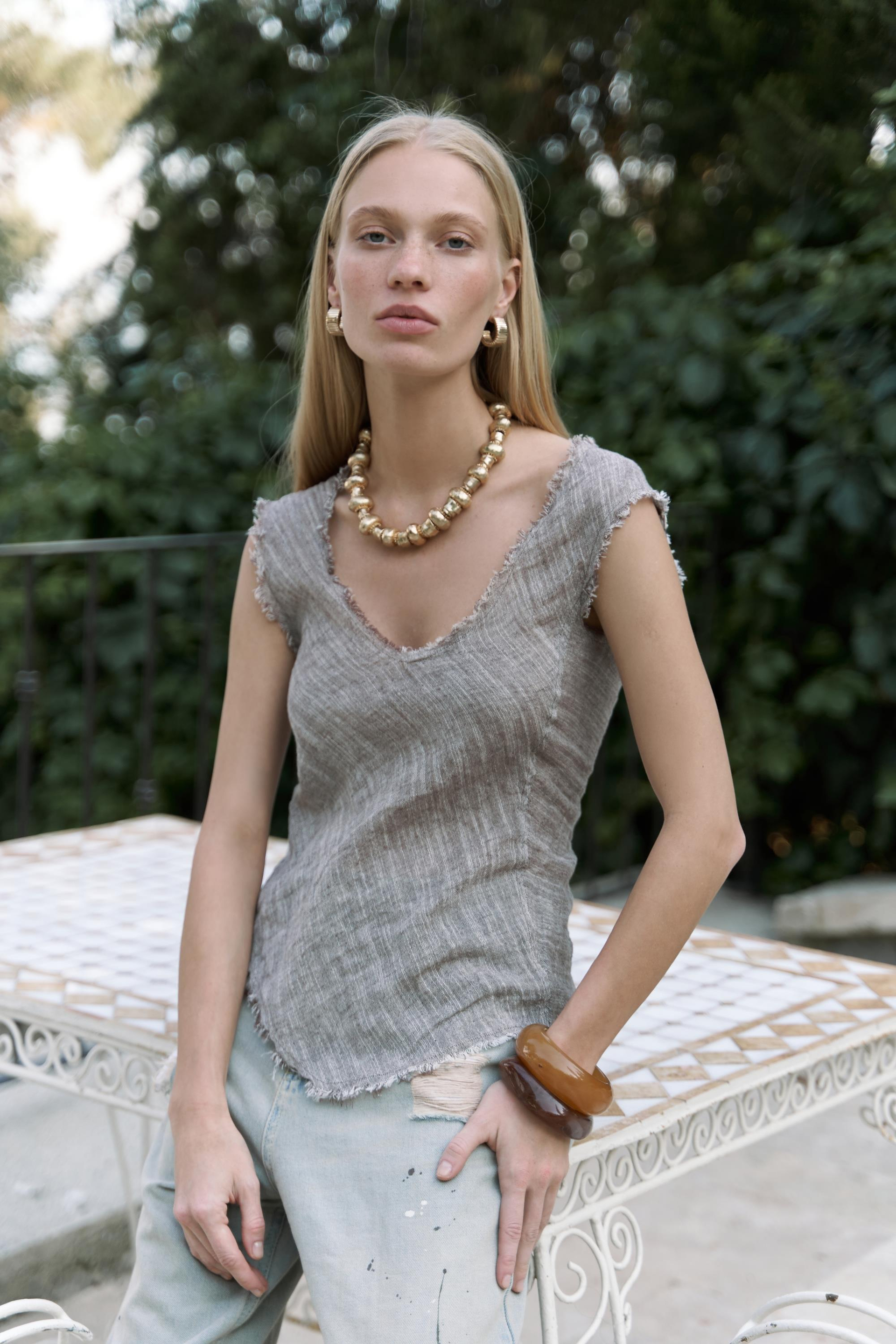 Veilinas Asimetrik Kahve Keten Crop