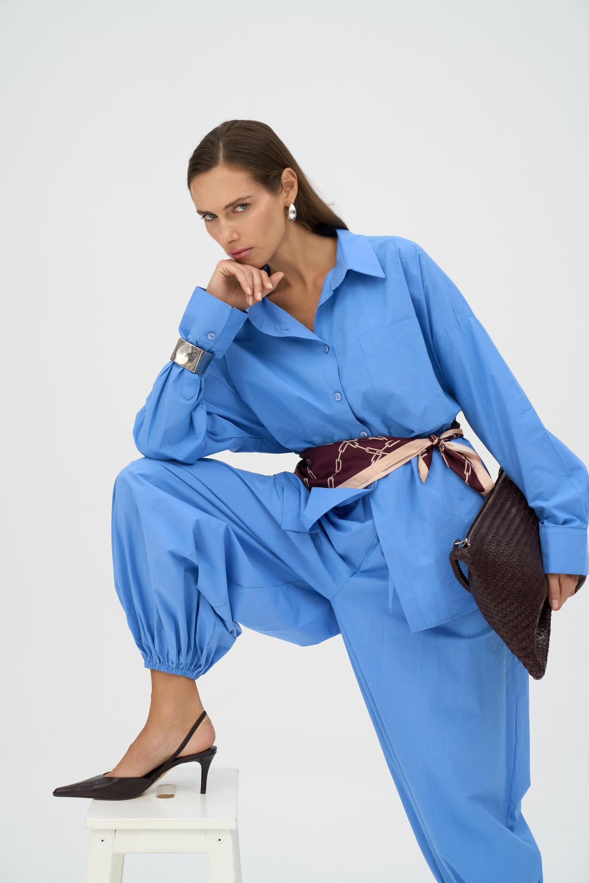 Velora Mavi Poplin Şalvar Pantolon