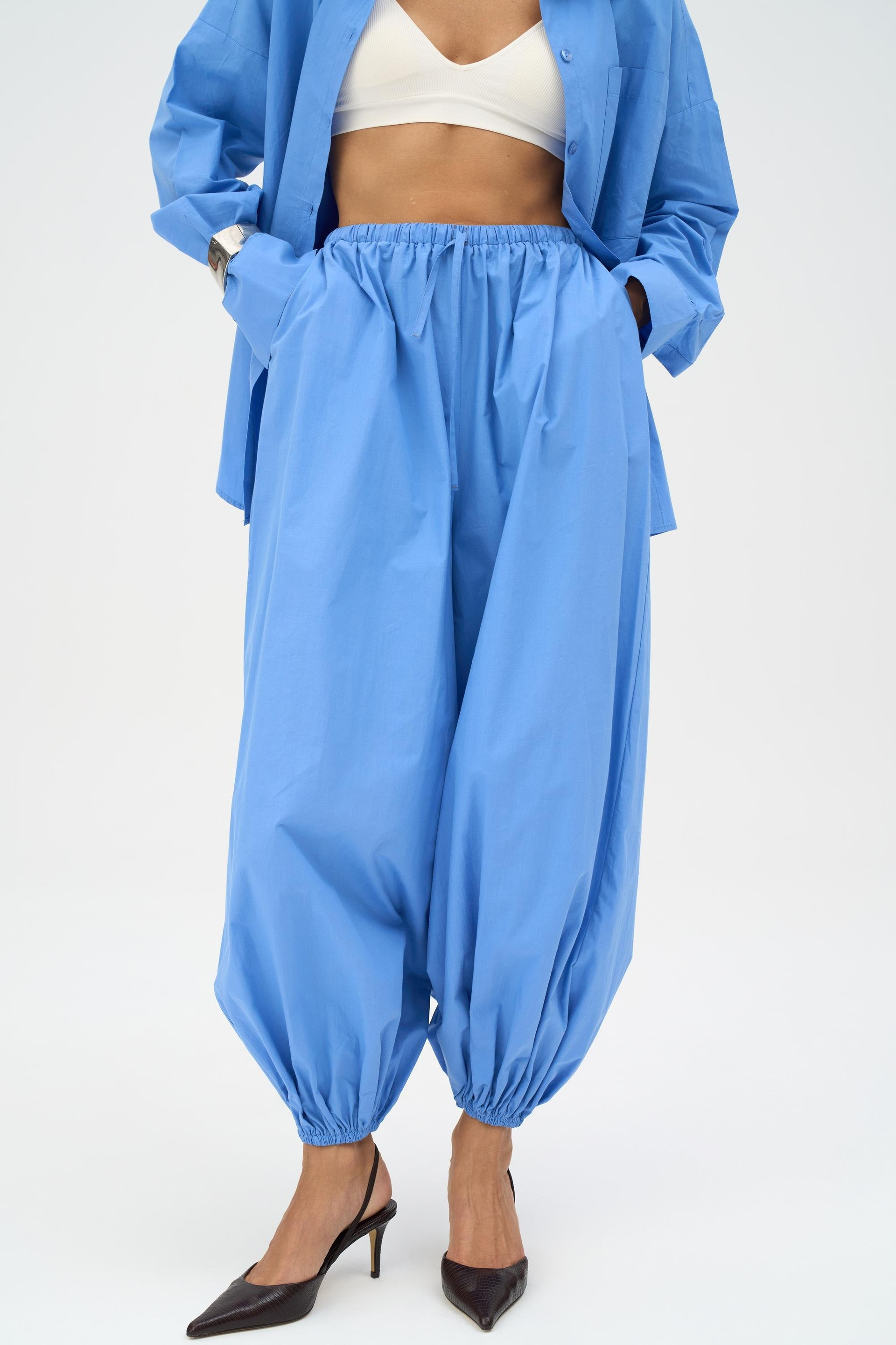 Velora Mavi Poplin Şalvar Pantolon