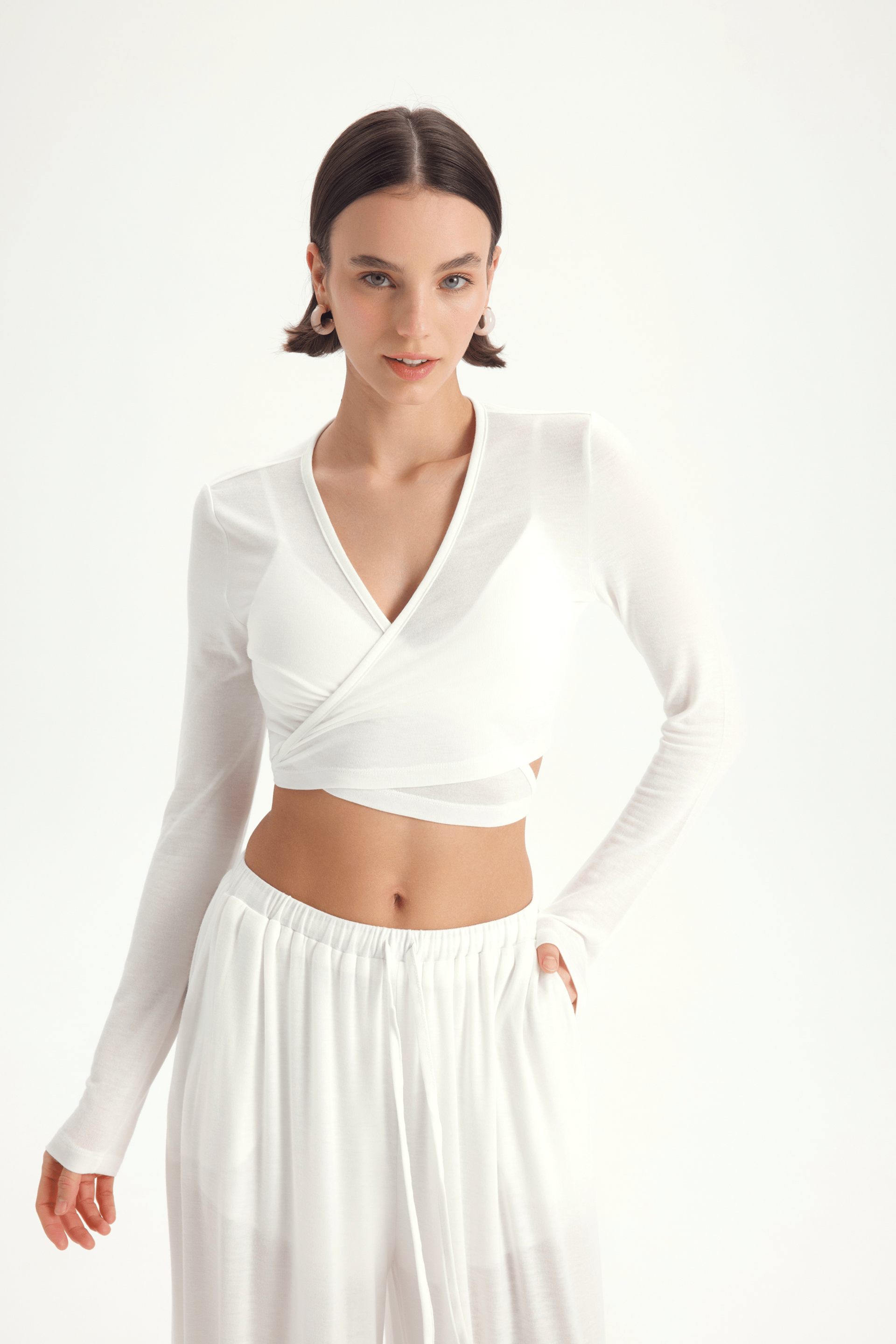 Vena Bağlamalı Ekru Crop Şalvar Pantolon Takım