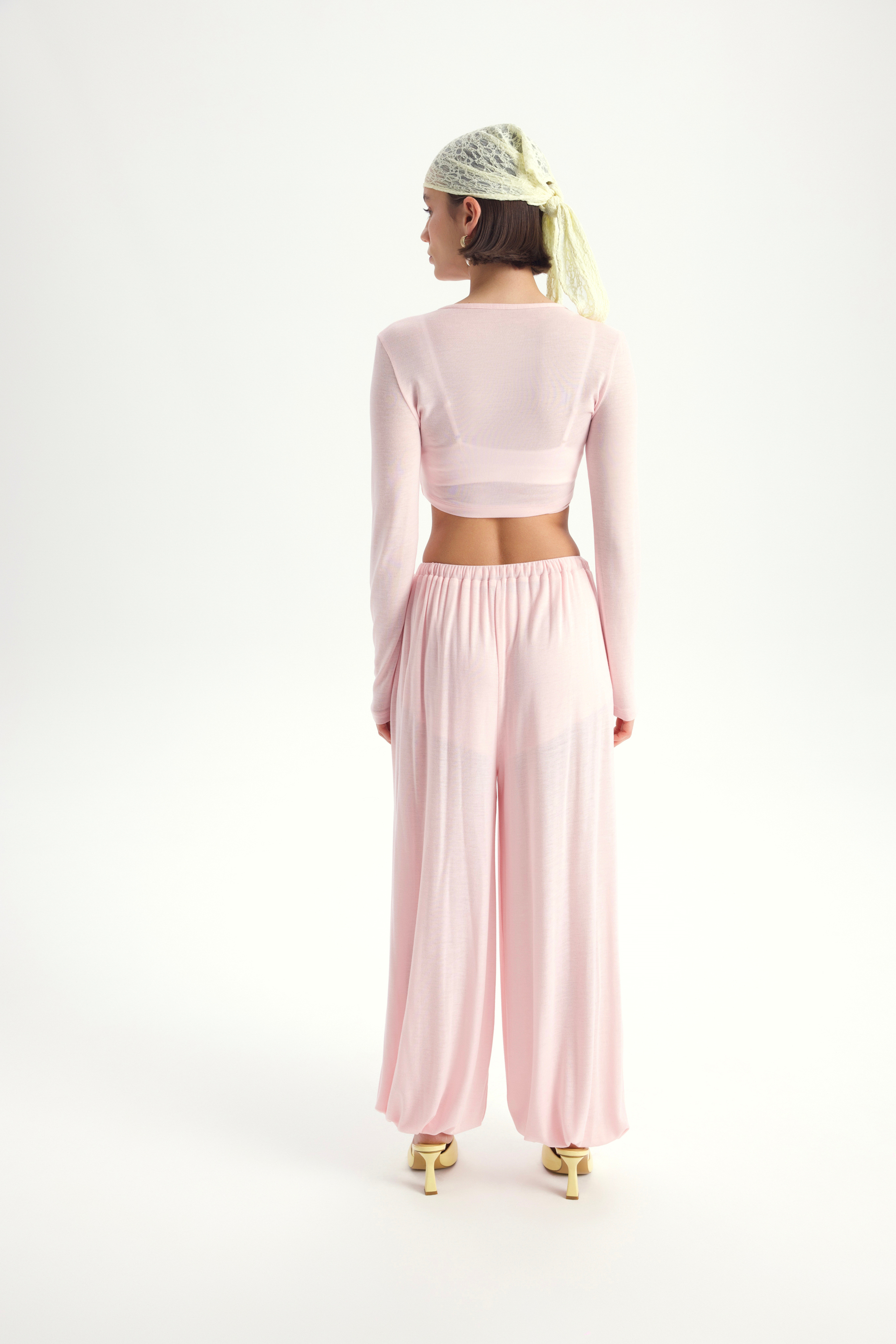 Vena Bağlamalı Pembe Crop Şalvar Pantolon Takım