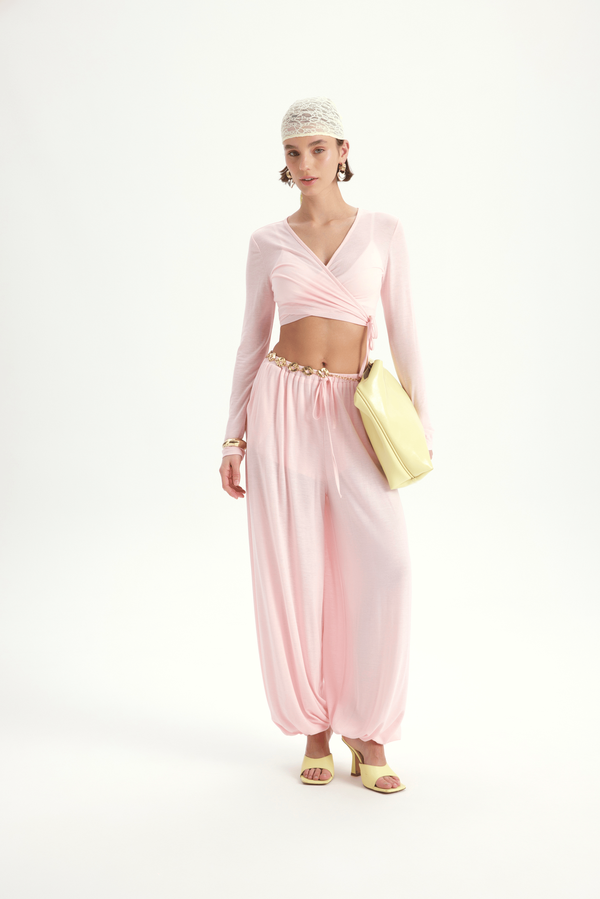 Vena Bağlamalı Pembe Crop Şalvar Pantolon Takım
