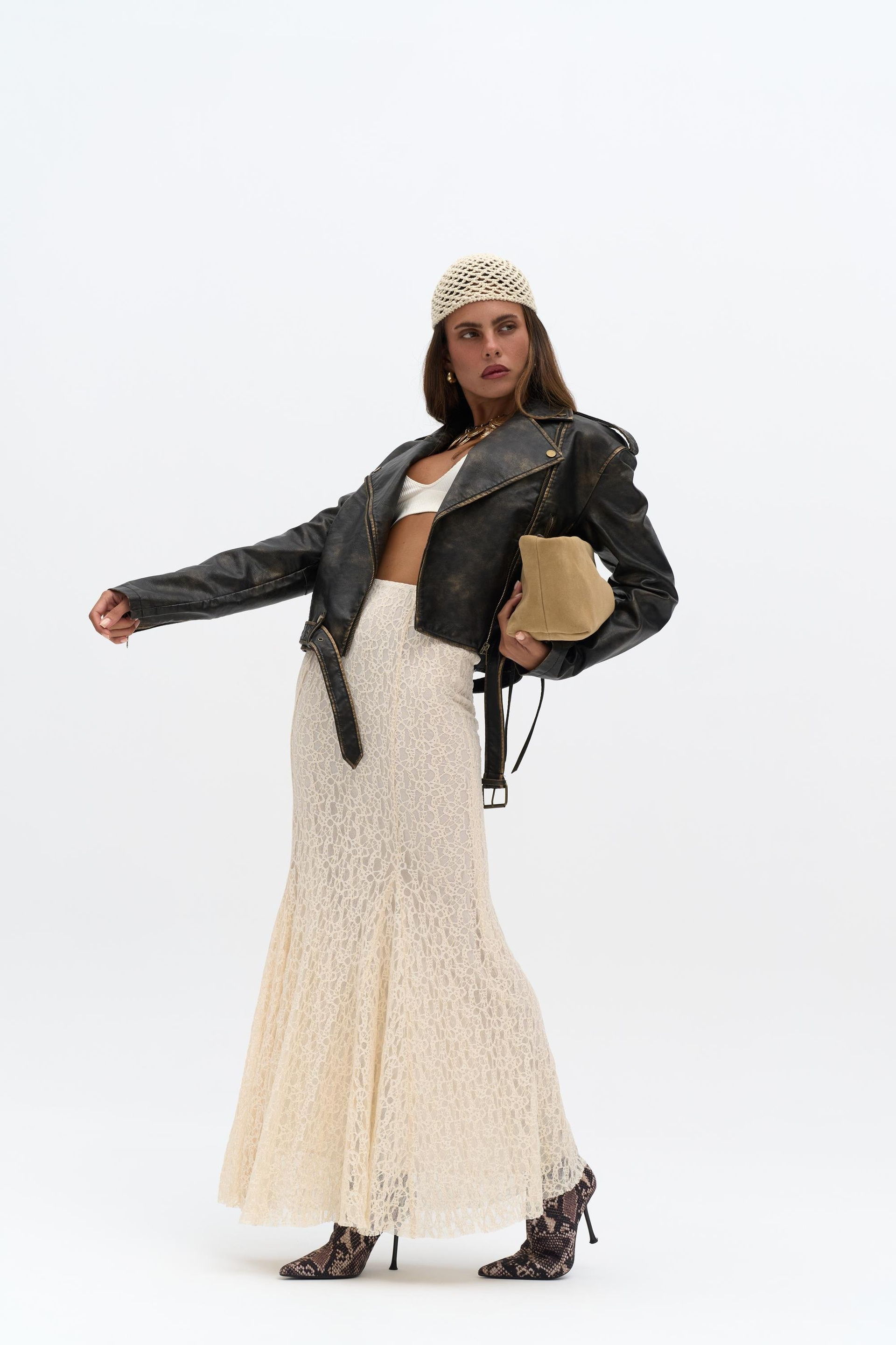 Veylia Uzun Bej Dantel Etek