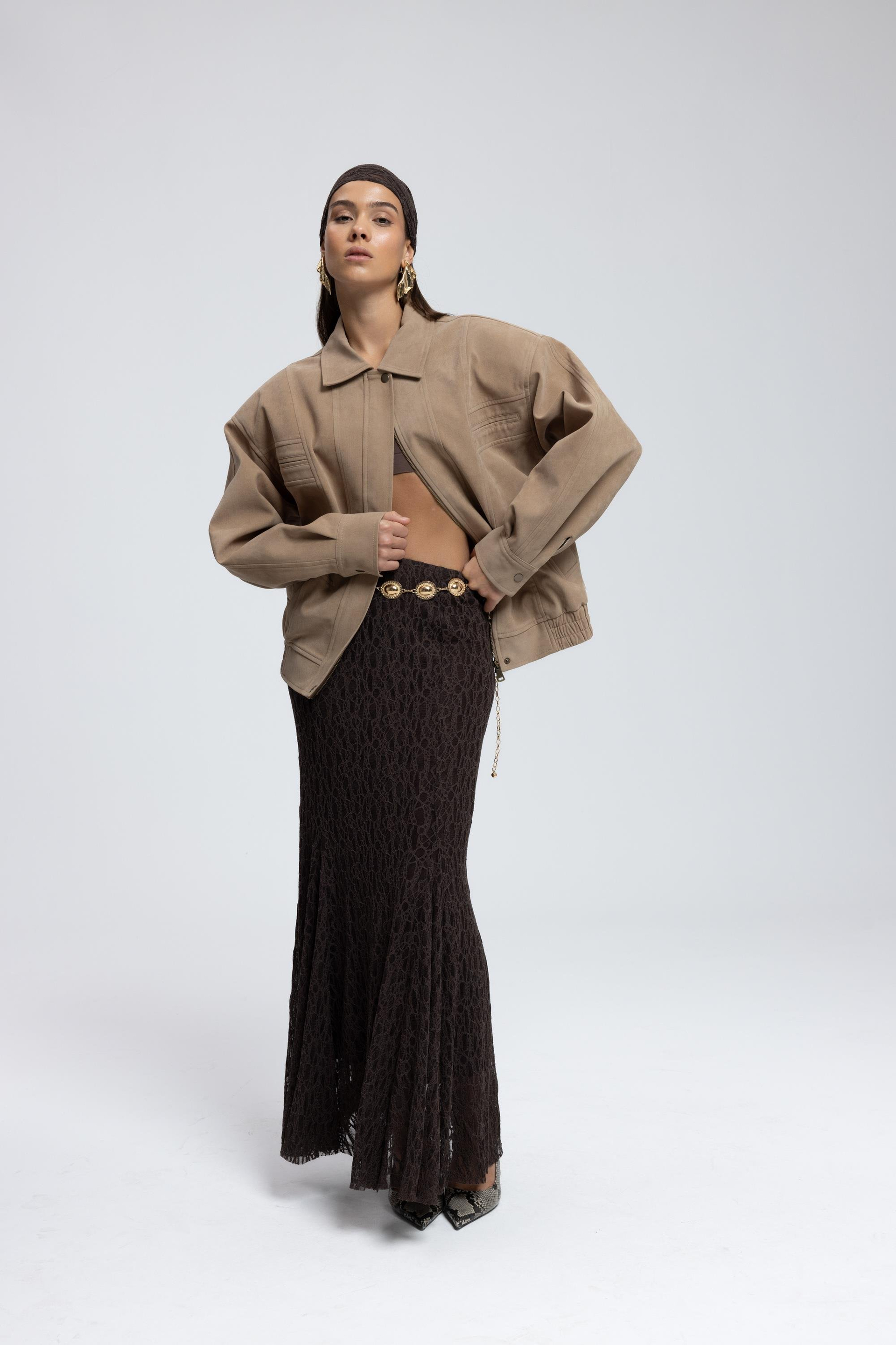 Veylia Uzun Kahve Dantel Etek