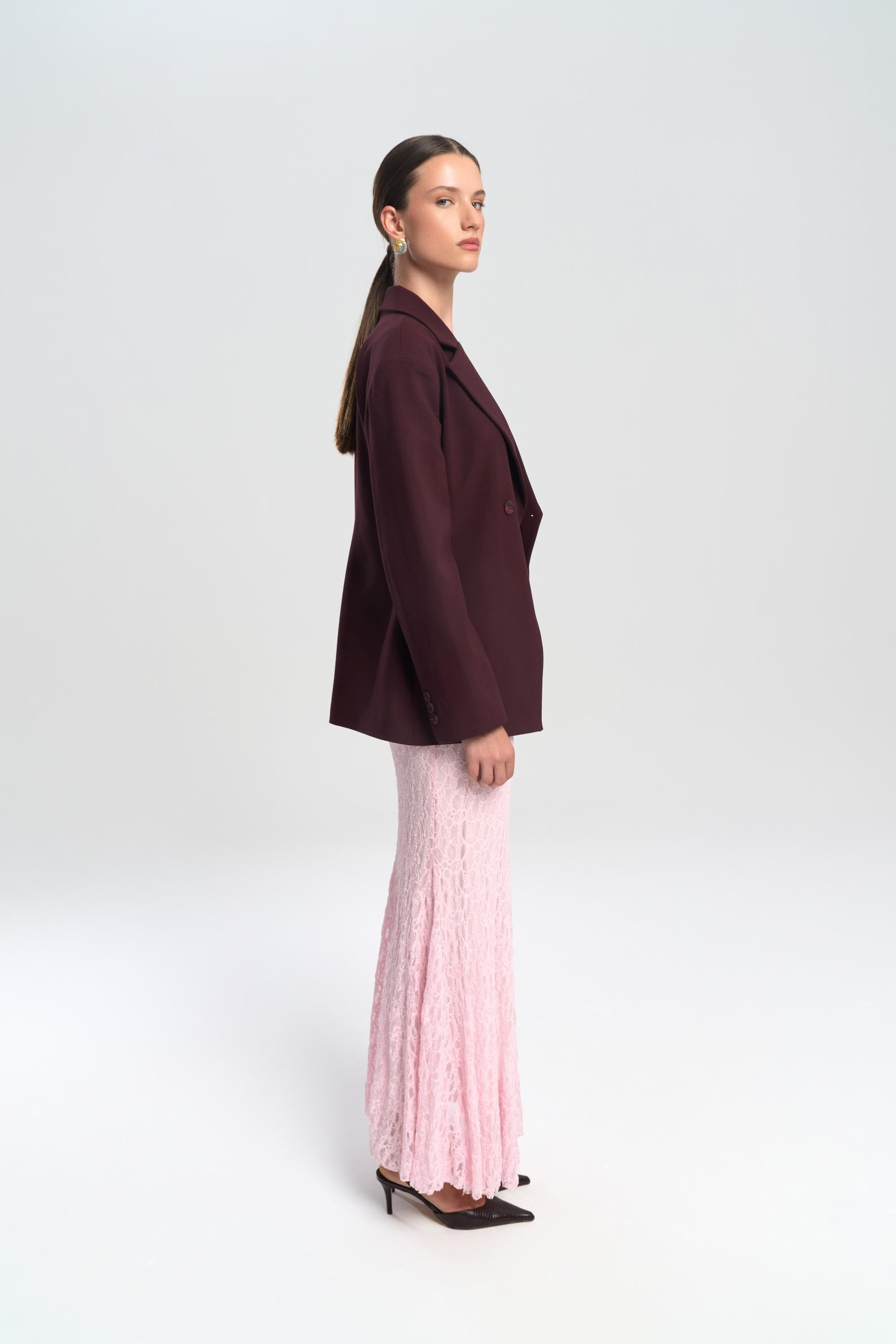 Veylia Uzun Pembe Dantel Etek