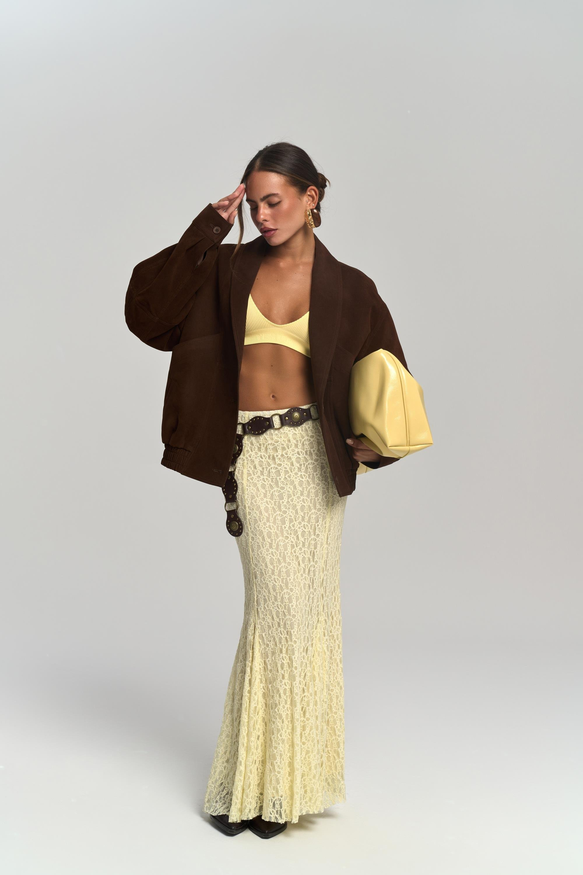 Veylia Uzun Sarı Dantel Etek