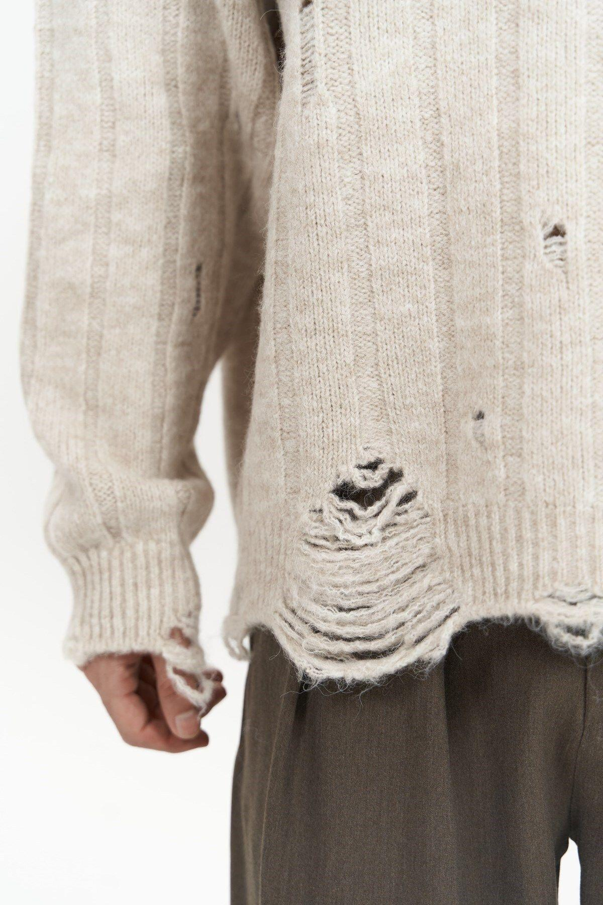 Vincent Yırtık Detay Bej Erkek Triko Kazak