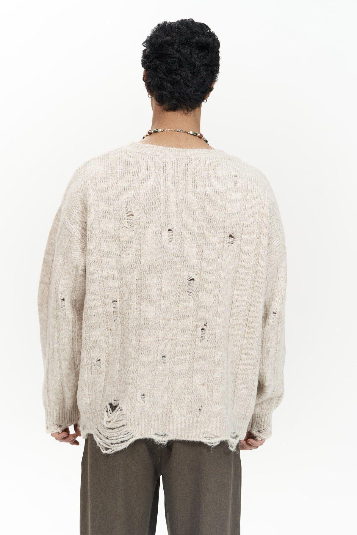 Vincent Yırtık Detay Bej Erkek Triko Kazak