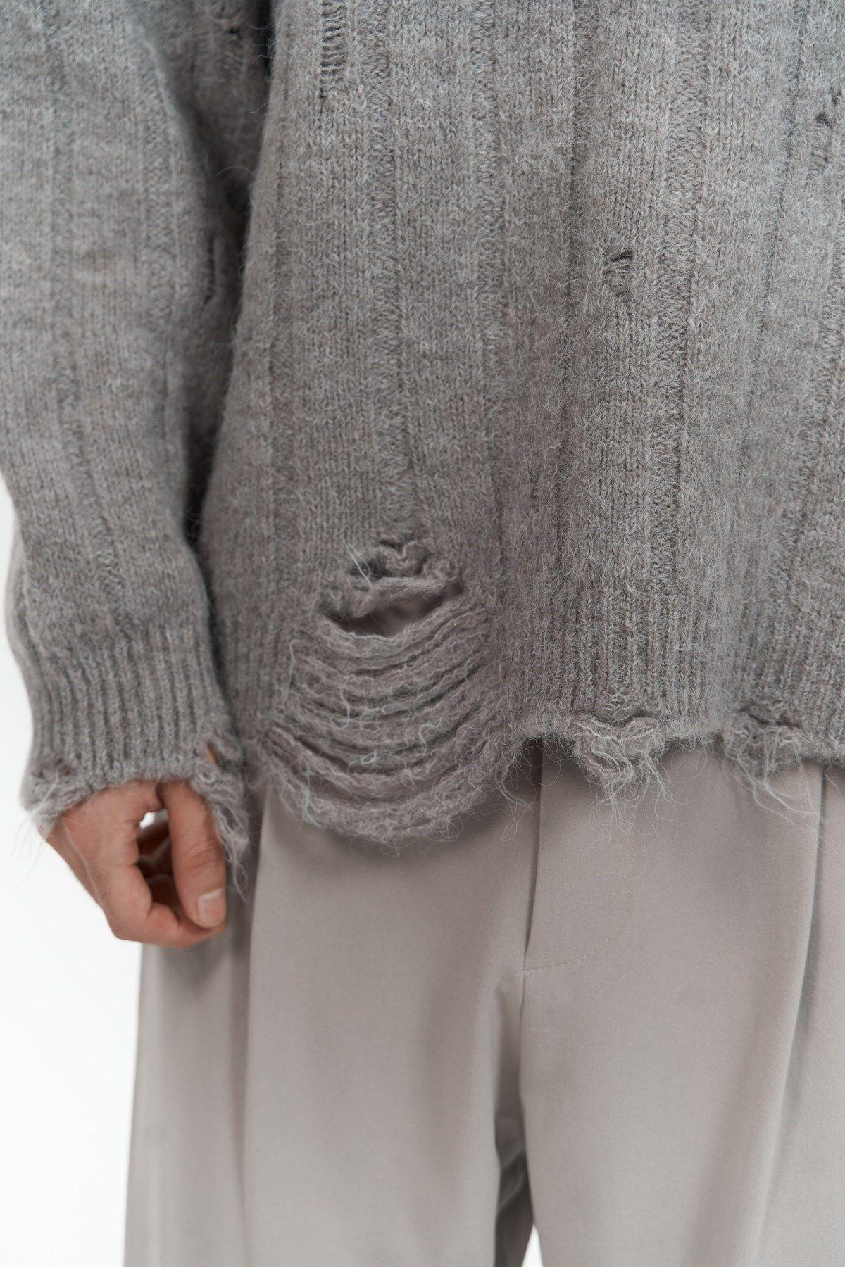 Vincent Yırtık Detay Boz Kahve Erkek Triko Kazak