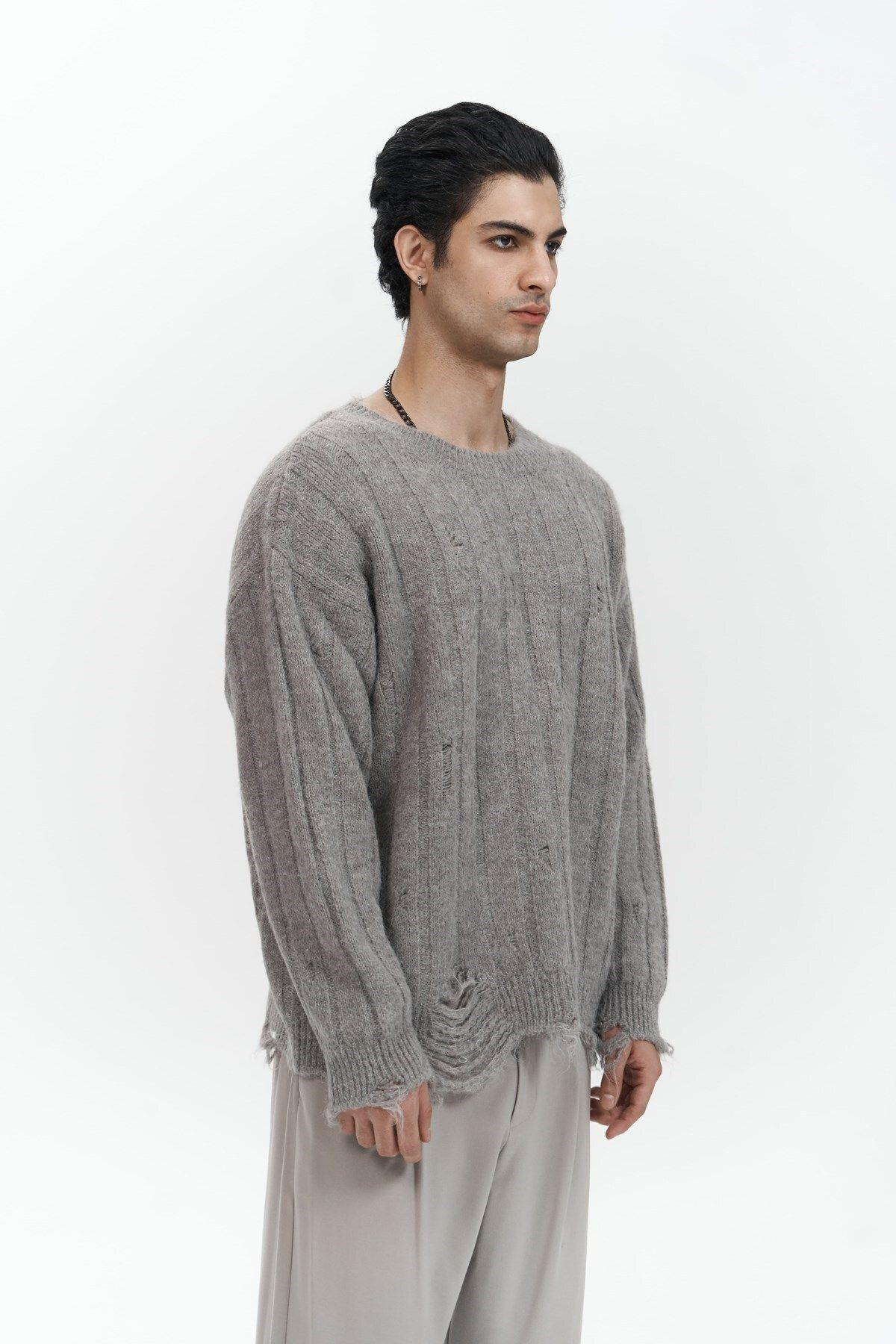 Vincent Yırtık Detay Boz Kahve Erkek Triko Kazak