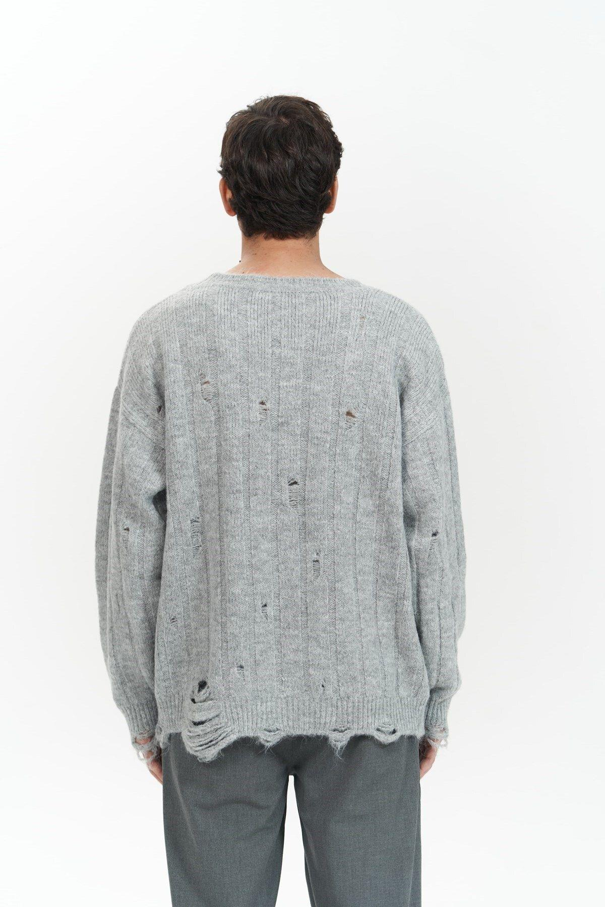 Vincent Yırtık Detay Gri Erkek Triko Kazak