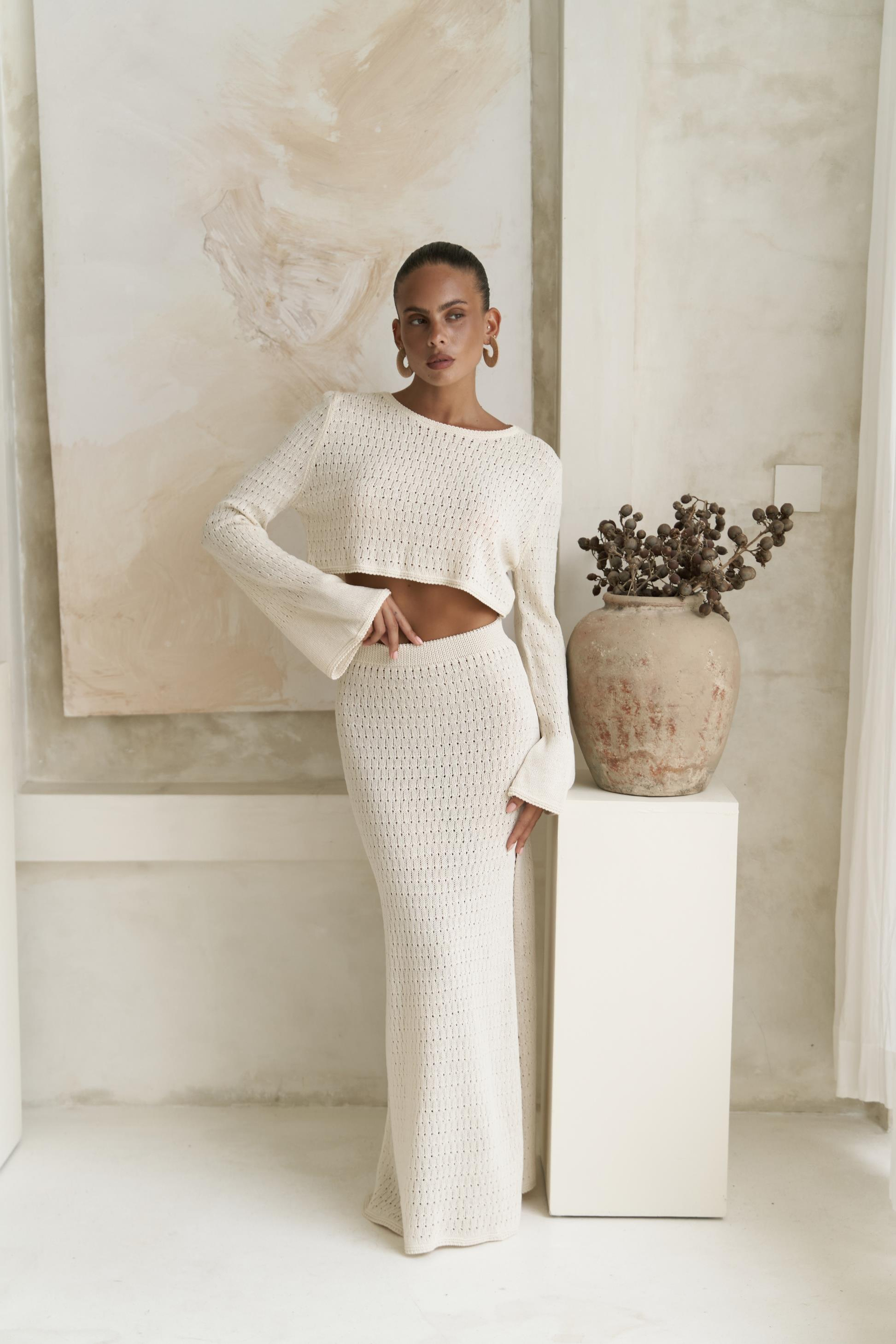 Wayhu Bisiklet Yaka Triko Crop Etek Takım - BEJ