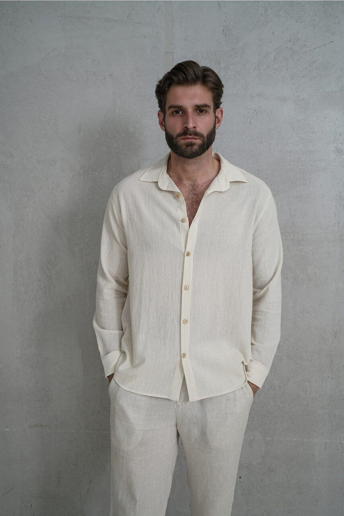 Wesley Erkek Oversize Krinkıl Bej Gömlek