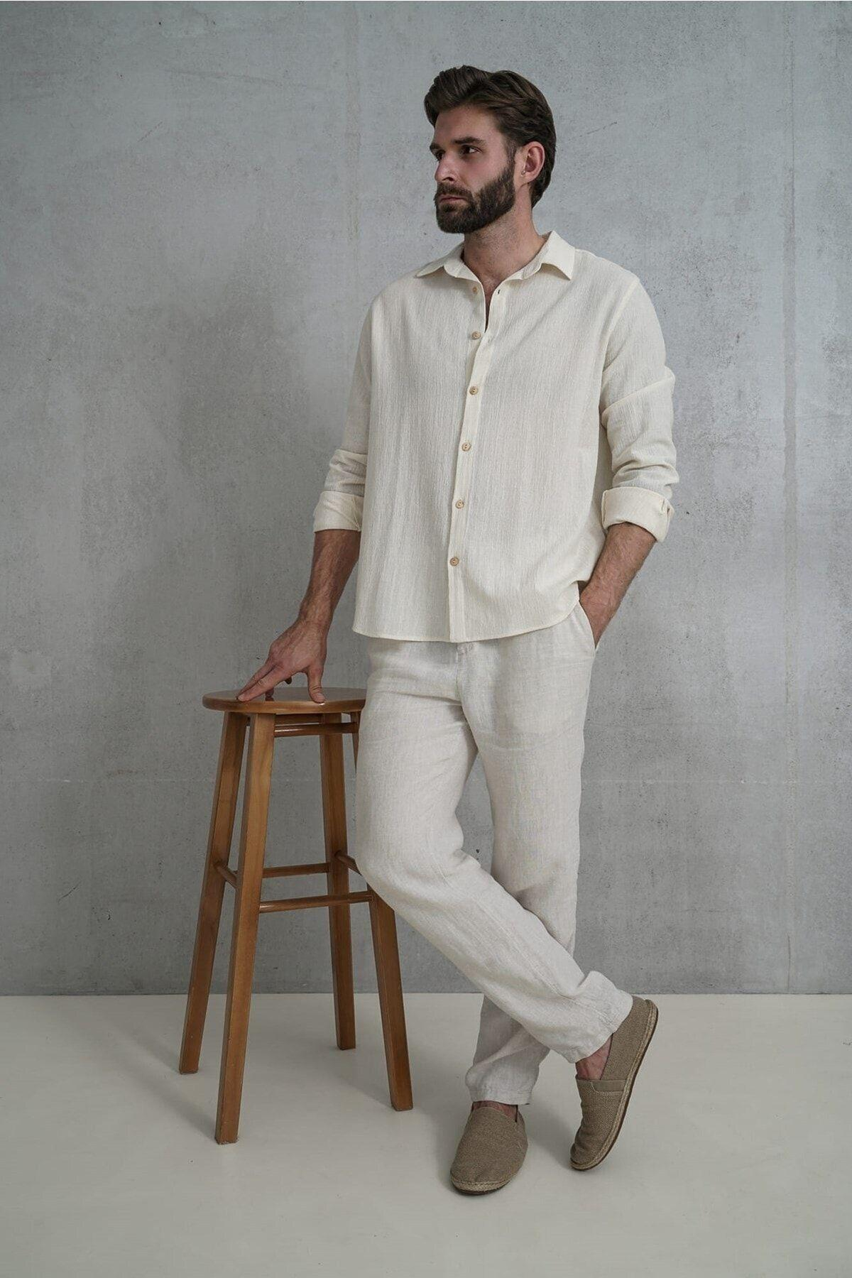 Wesley Erkek Oversize Krinkıl Bej Gömlek