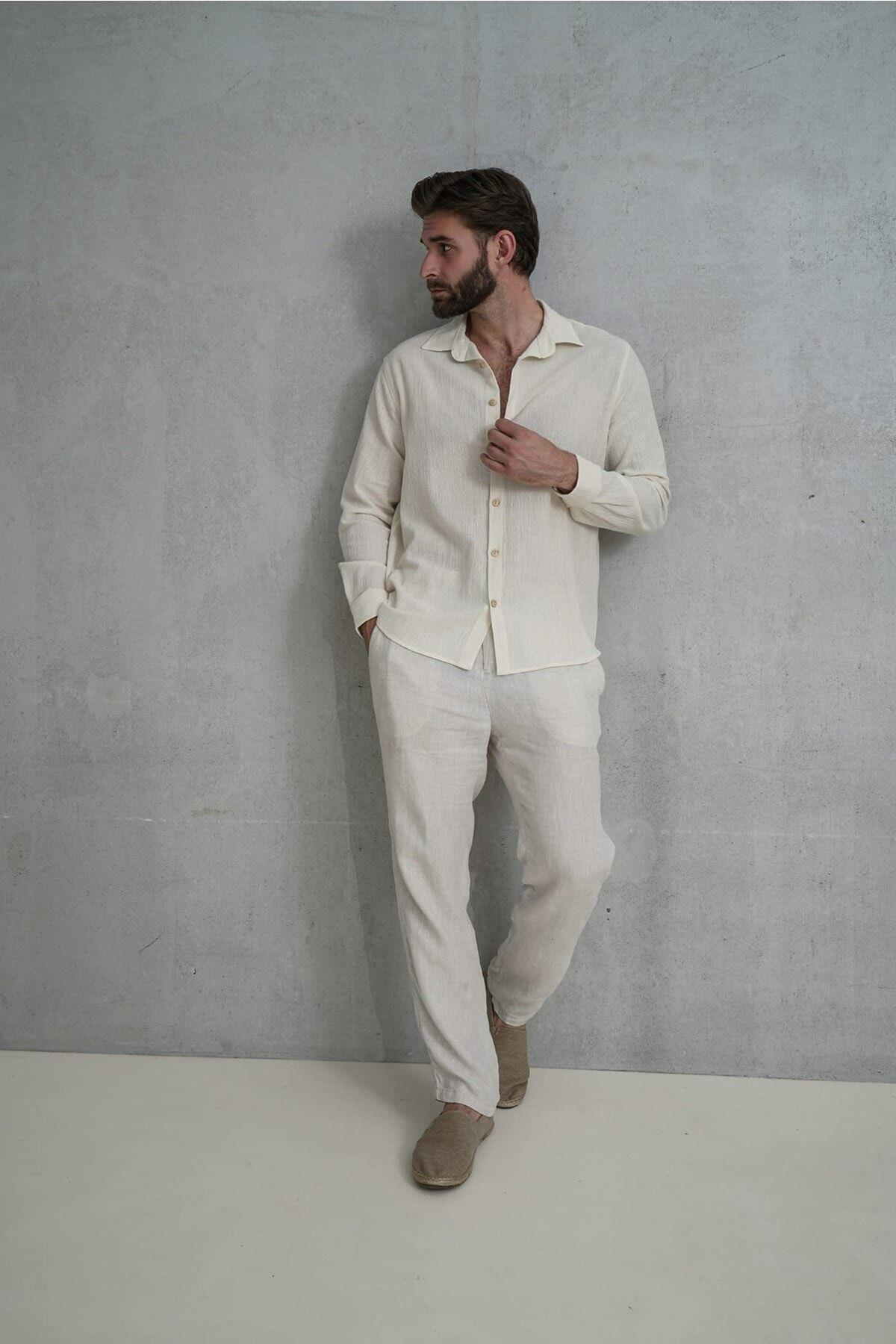 Wesley Erkek Oversize Krinkıl Bej Gömlek