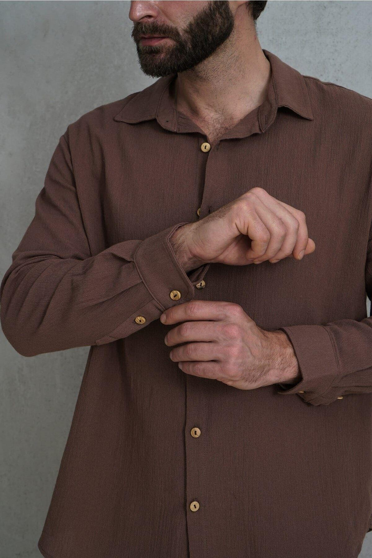 Wesley Men's Oversize Brown Crinkle Shirt