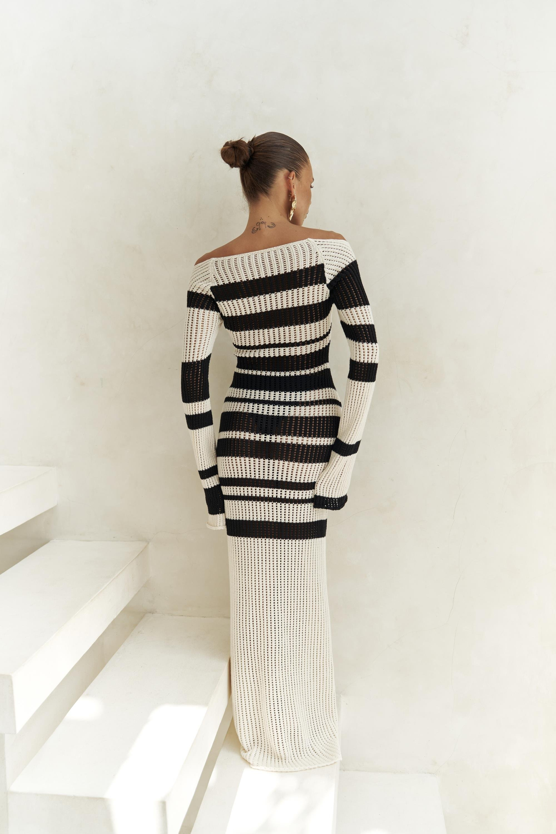 Wora Çizgili Triko Bej Uzun Elbise