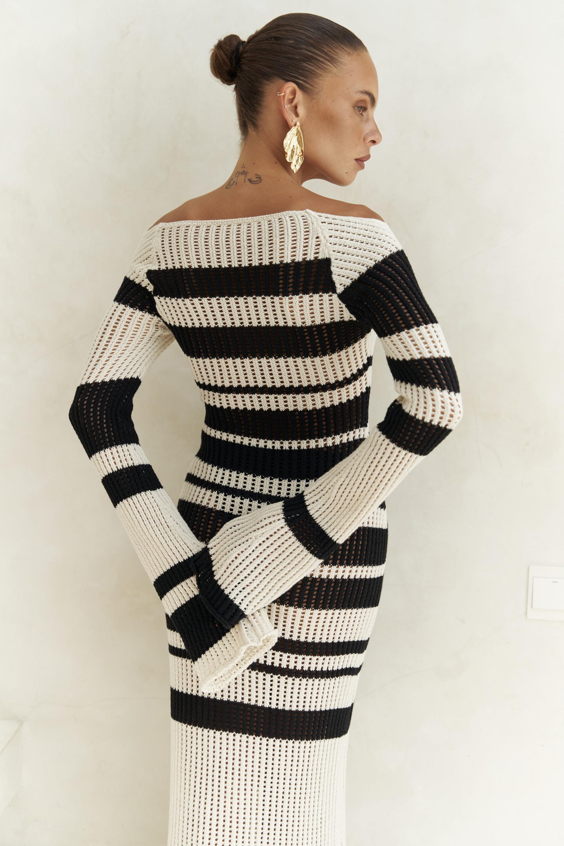 Wora Çizgili Triko Bej Uzun Elbise