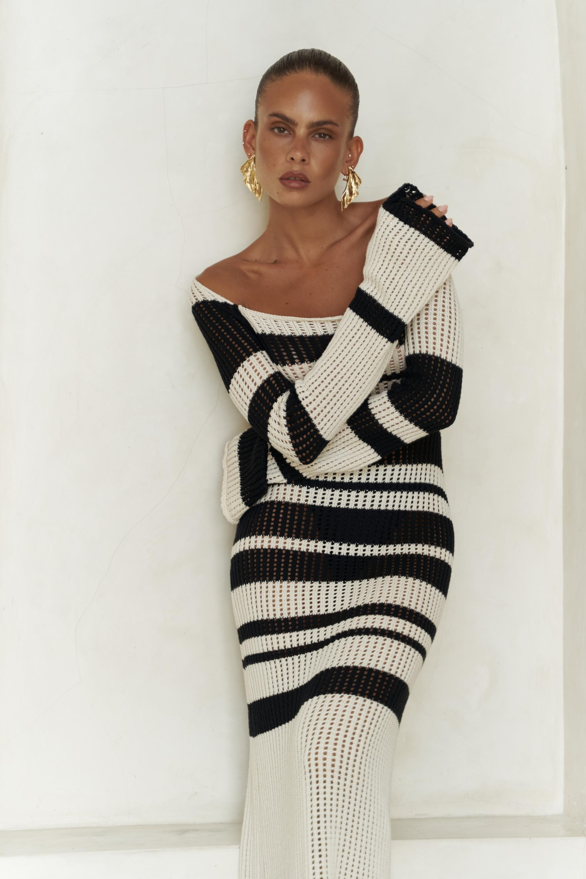 Wora Çizgili Triko Bej Uzun Elbise