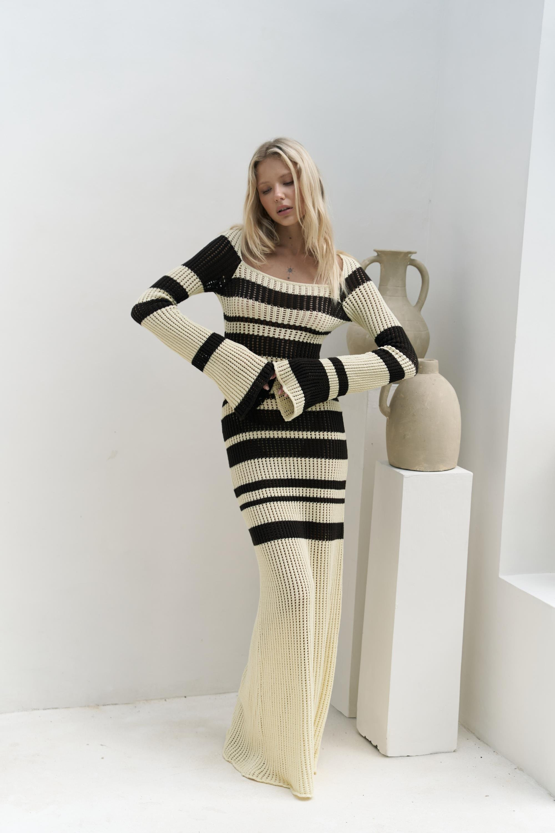 Wora Çizgili Triko Sarı Uzun Elbise