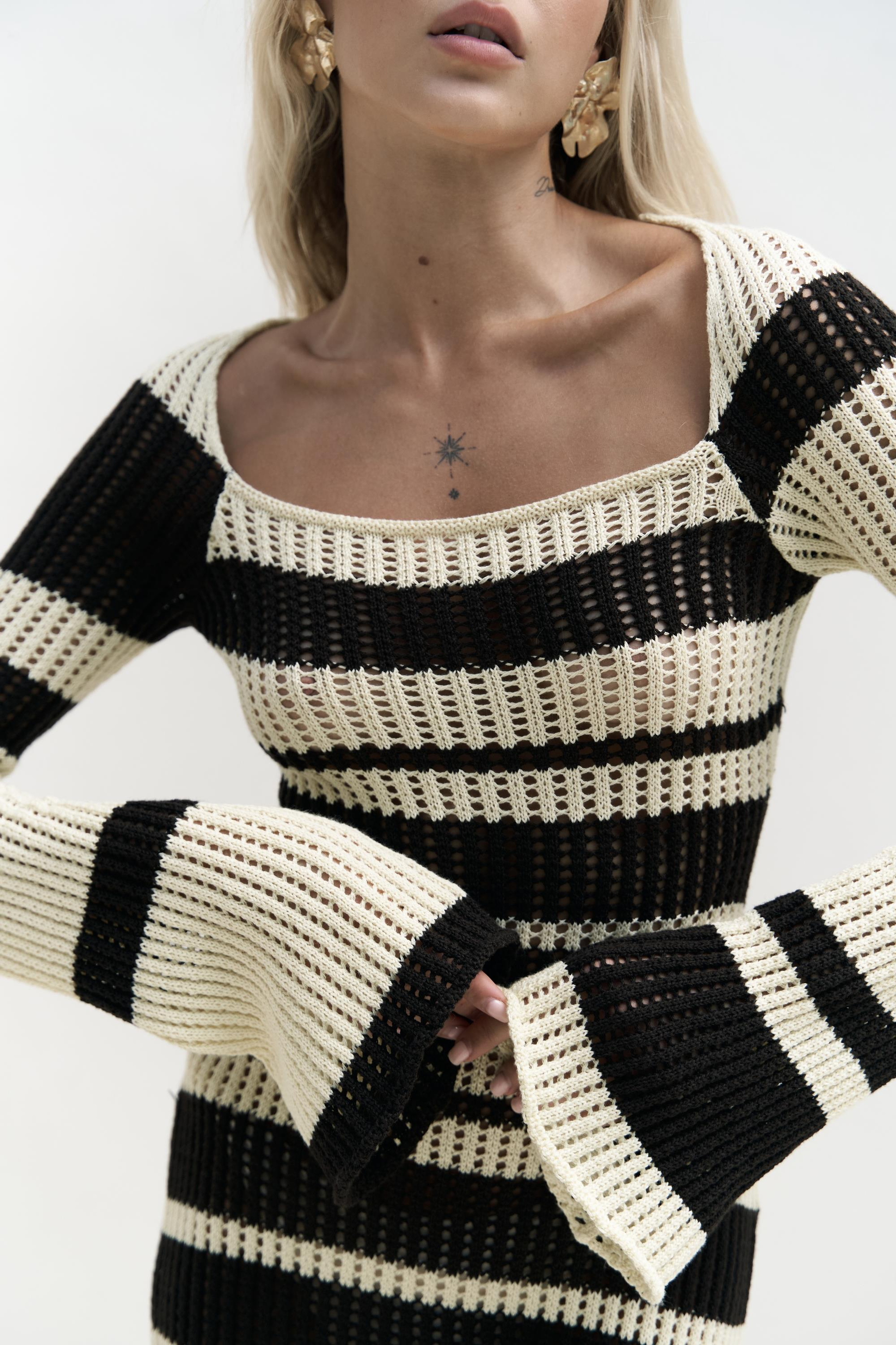 Wora Çizgili Triko Sarı Uzun Elbise