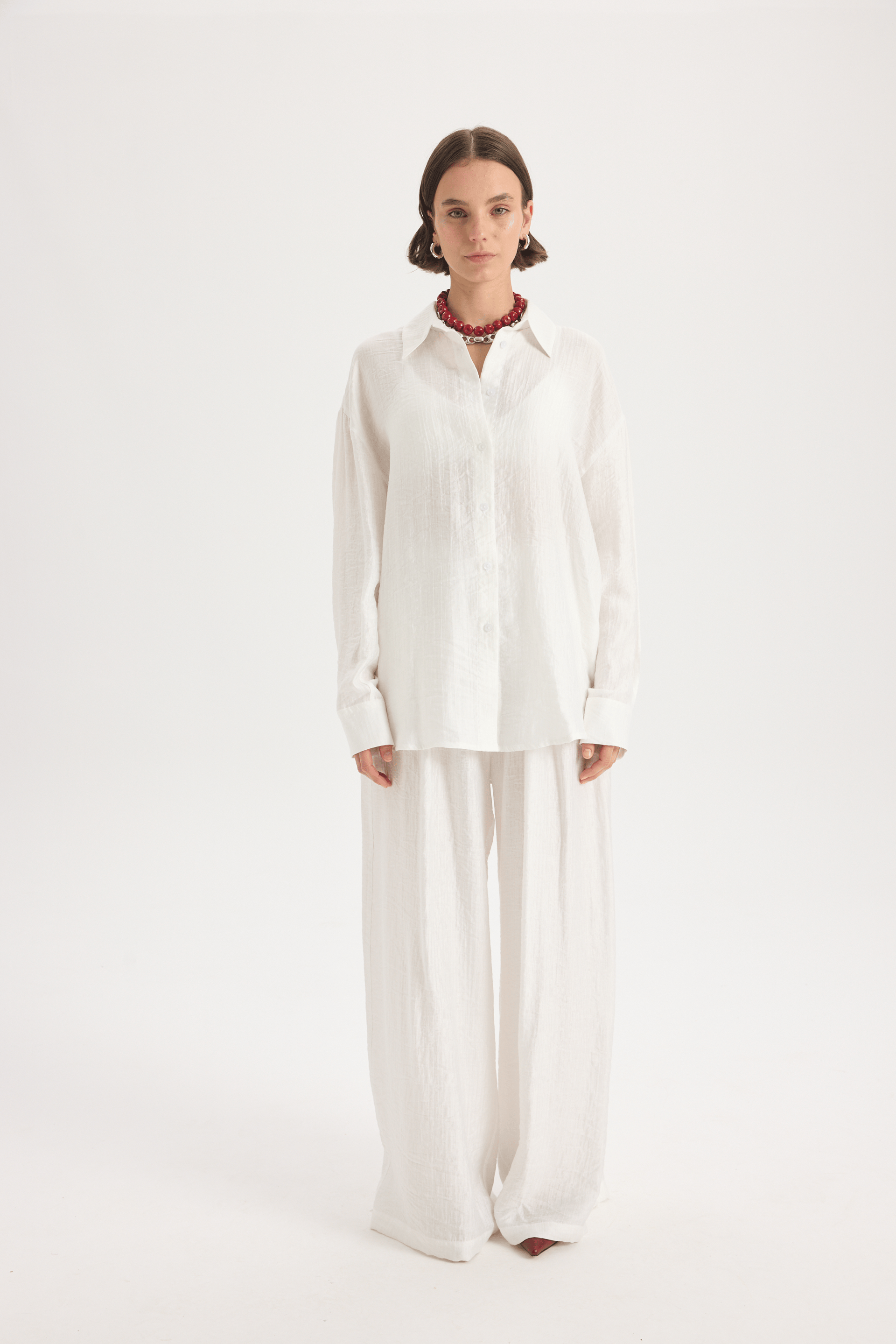 Yovena Düğme Detay Ekru Oversize Gömlek