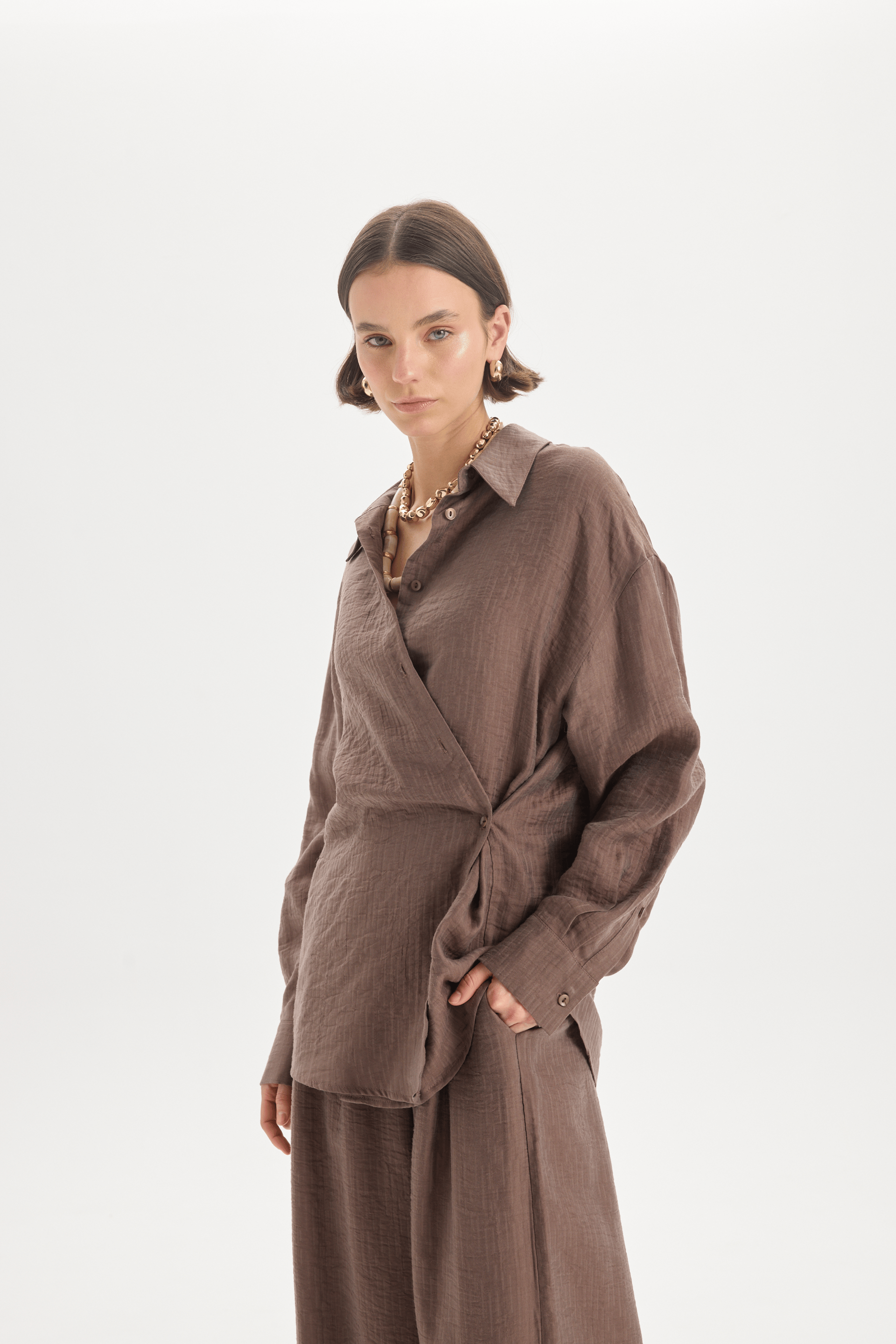 Yovena Düğme Detay Kahve Oversize Gömlek
