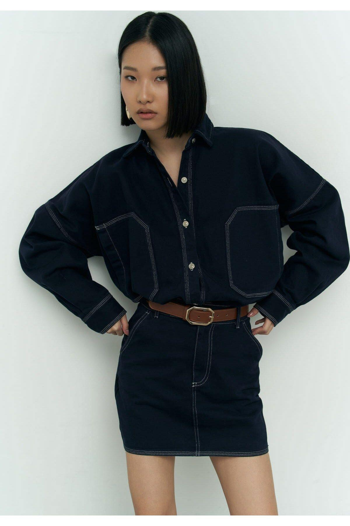 Zain Koyu Mavi Mini Kot Etek