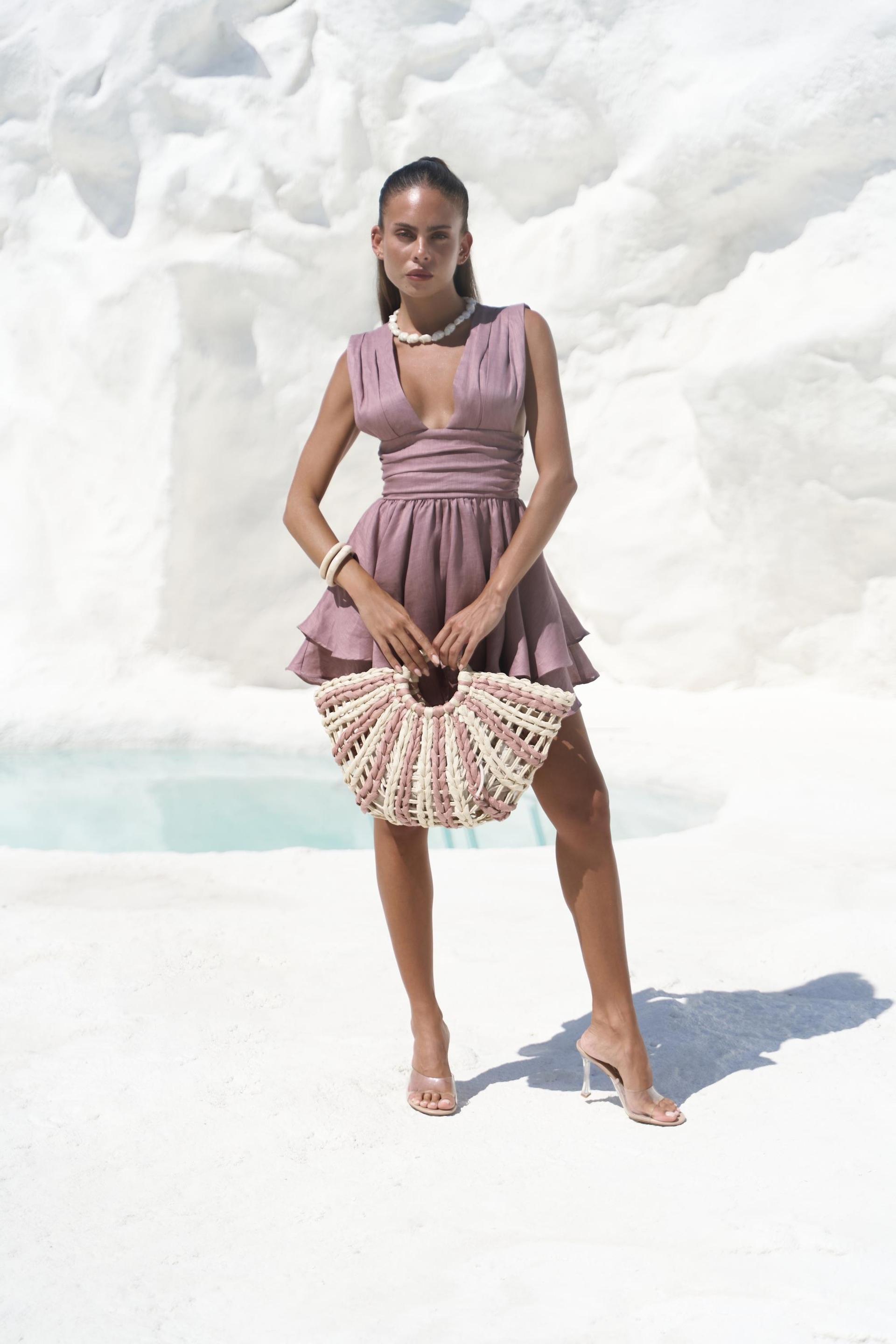 Zaneta Korsaj Detaylı Açık Bordo Keten Mini Elbise