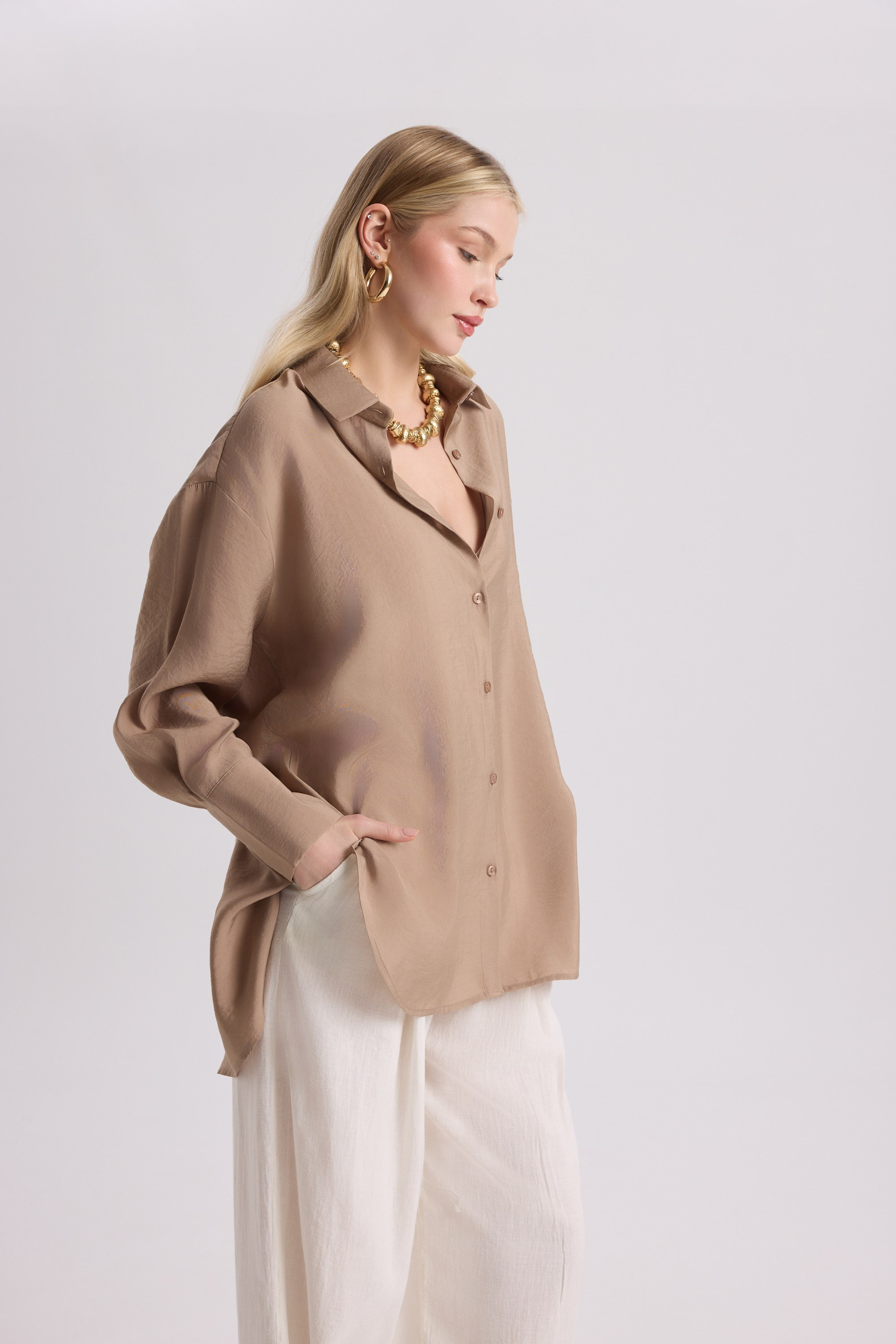 Zaria Açık Vizon Oversize Gömlek