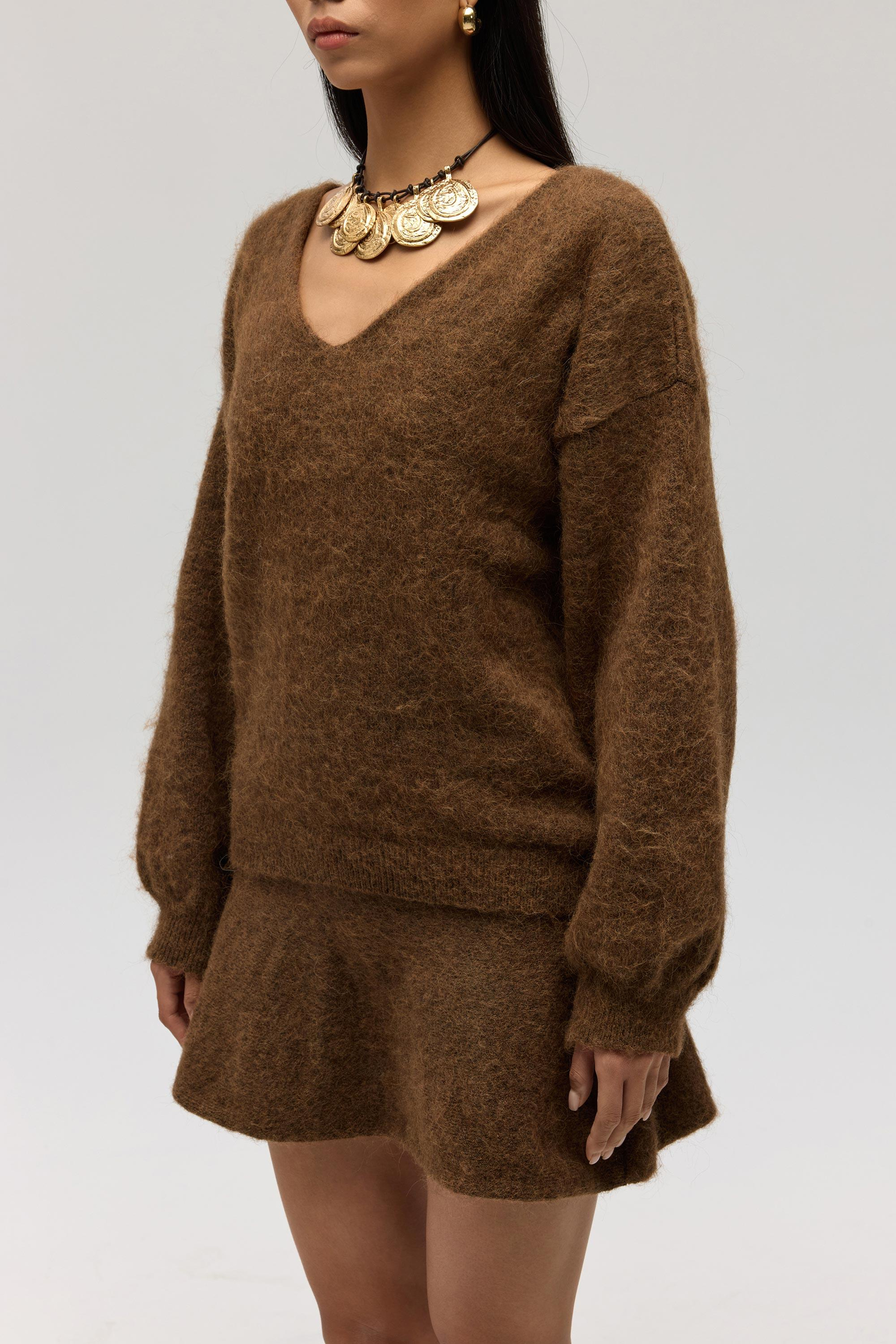 Zerium Basic V Yaka Açık Kahve Triko Kazak