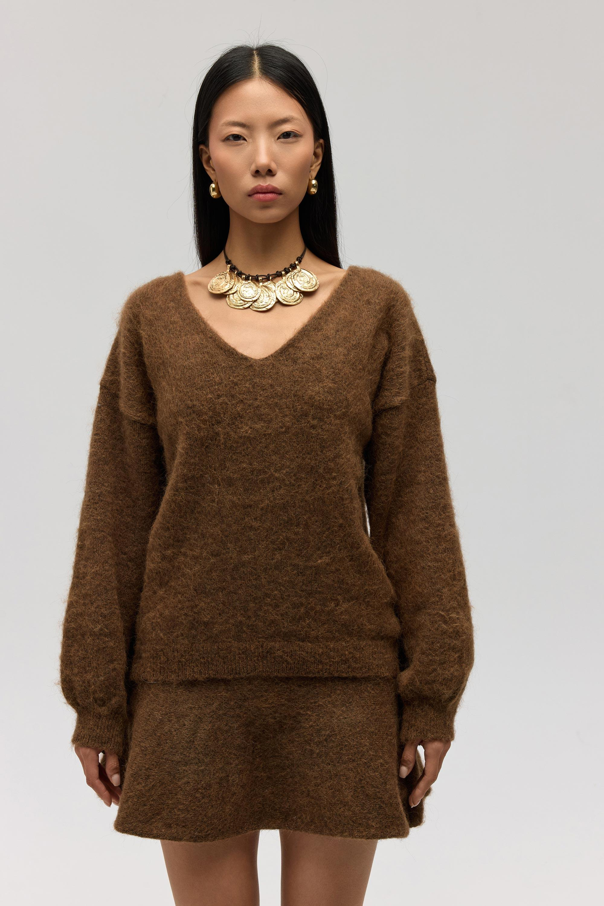 Zerium Basic V Yaka Açık Kahve Triko Kazak