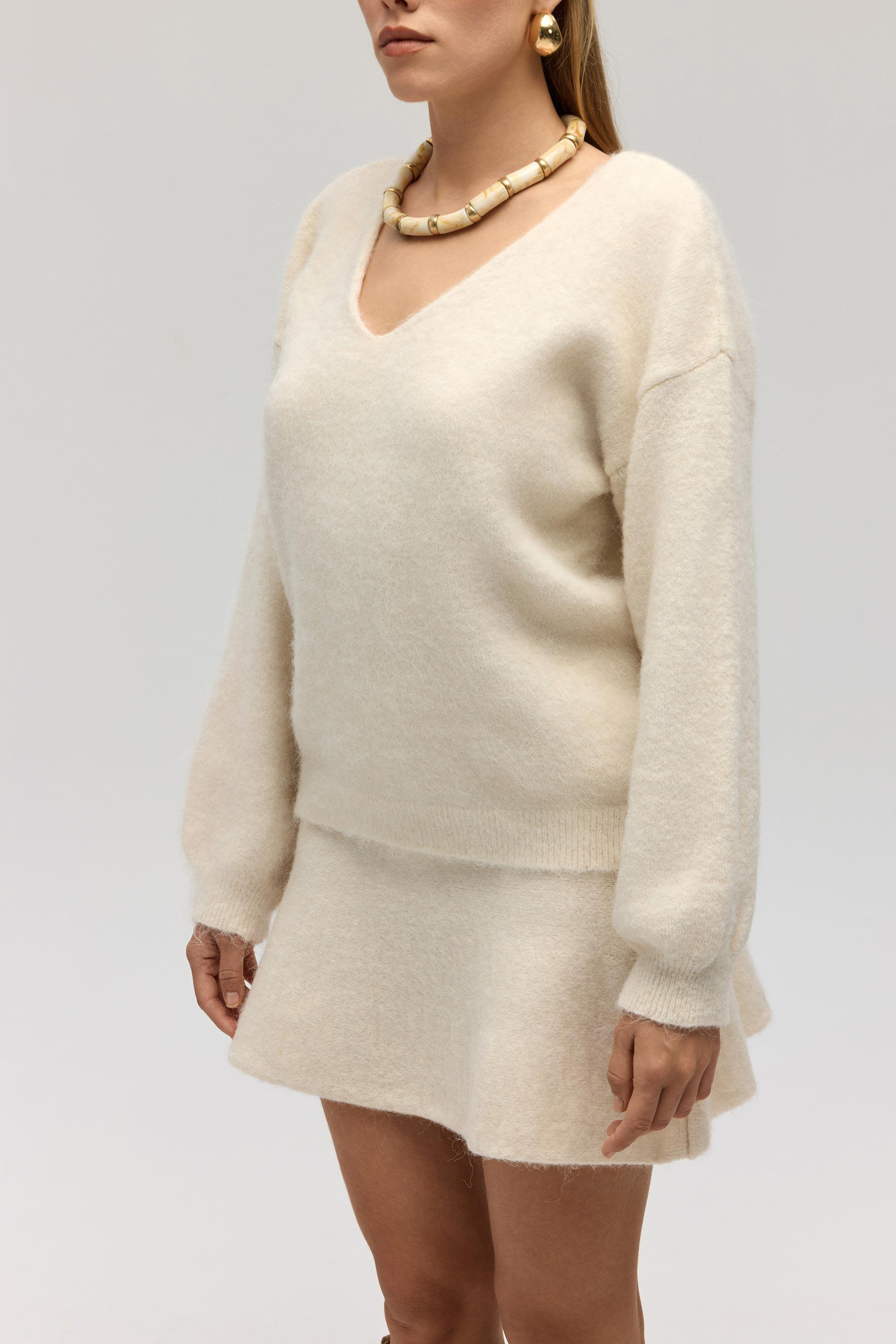 Zerium Basic V Yaka Ekru Triko Kazak