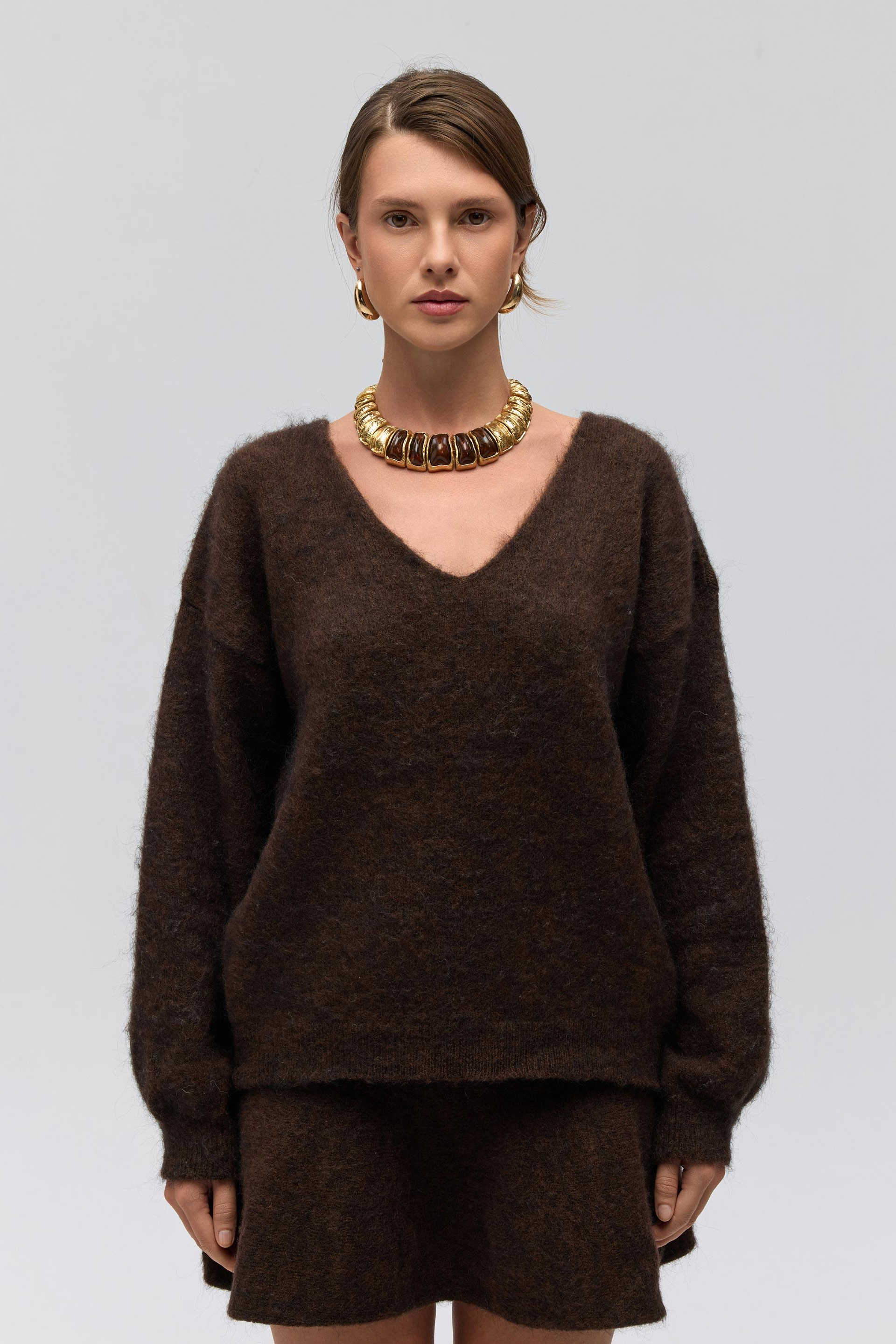 Zerium Basic V Yaka Kahve Triko Kazak