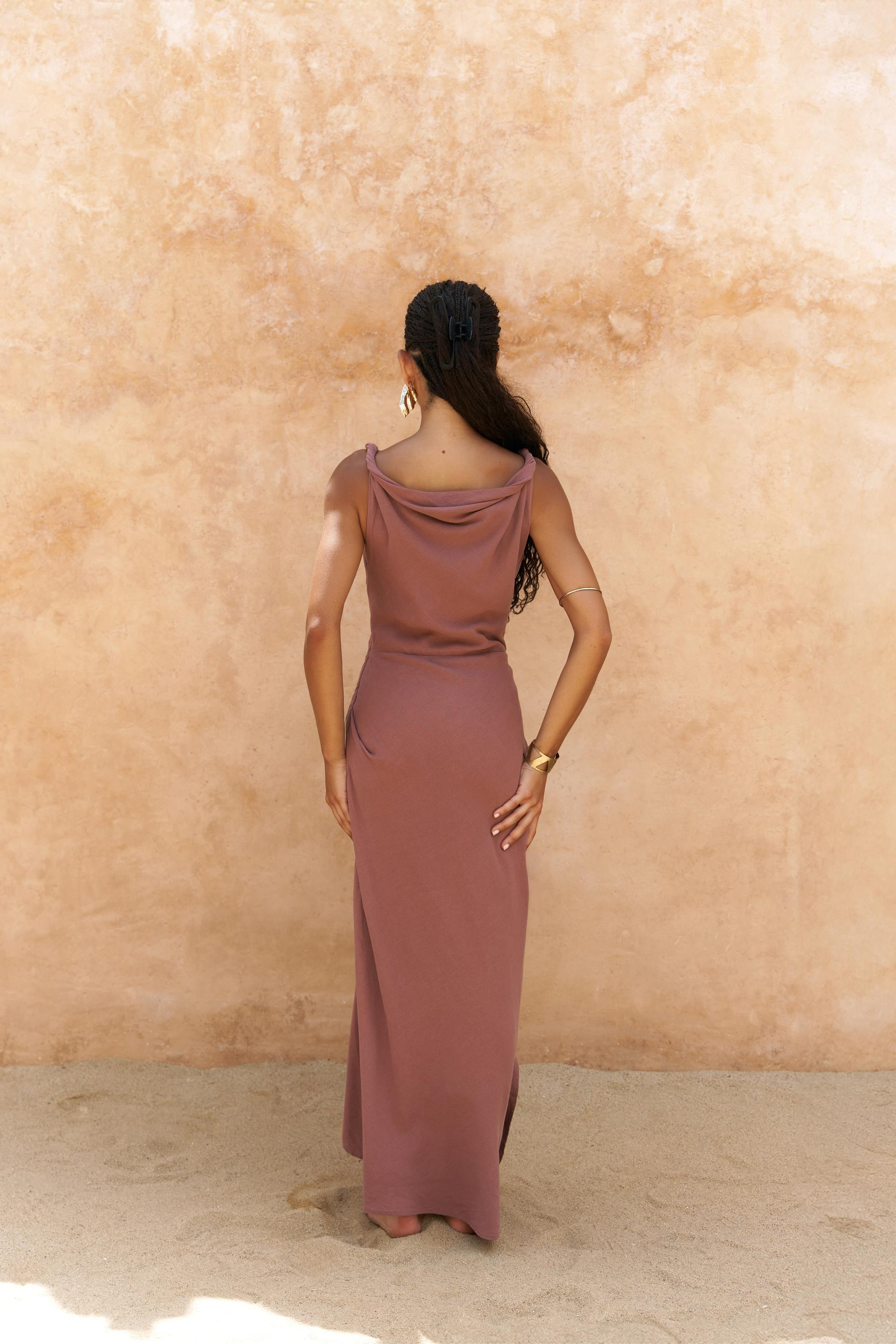 Zimbabue Uzun Açık Bordo Keten Elbise