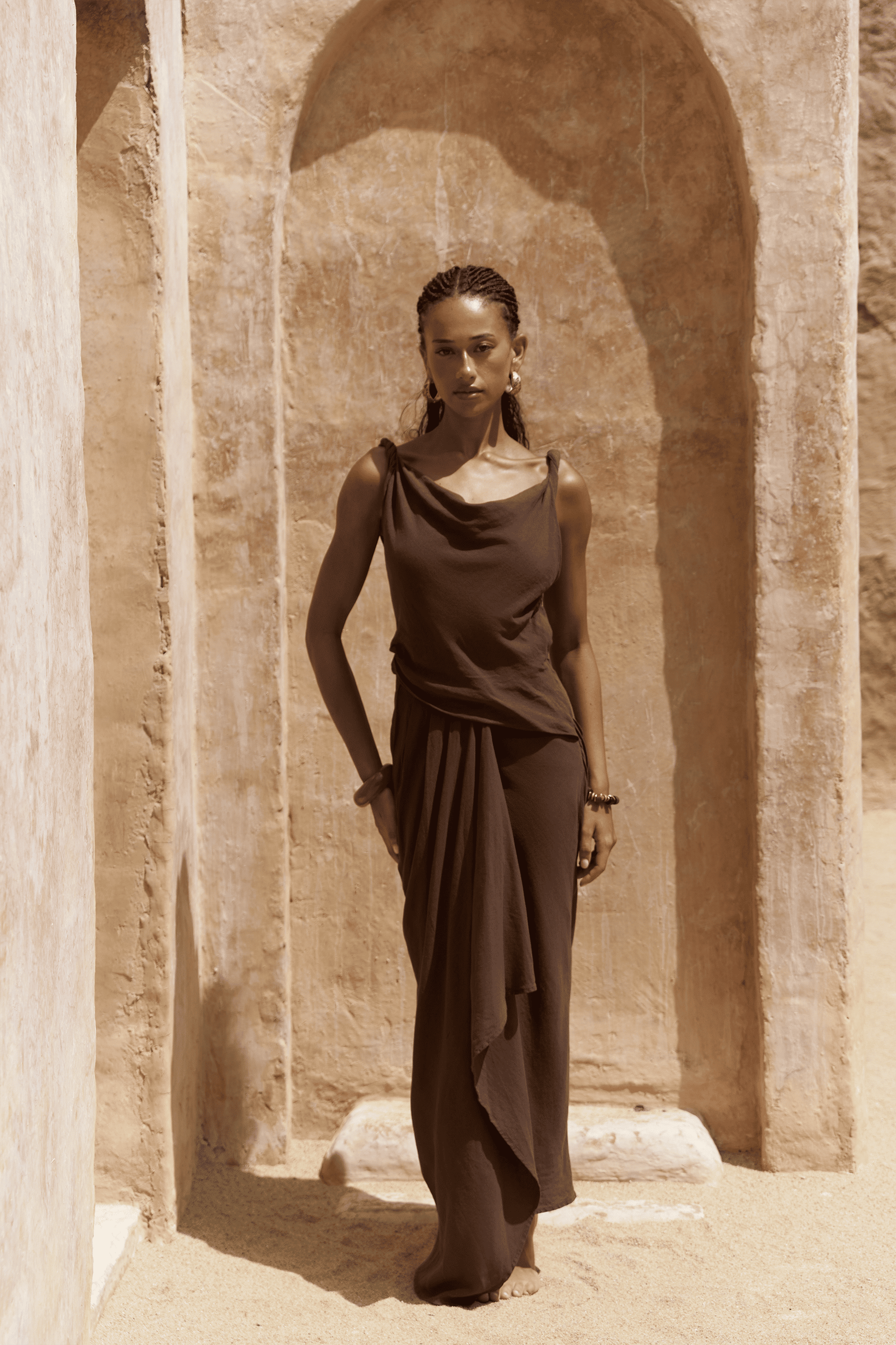 Zimbabue Uzun Kahve Keten Elbise