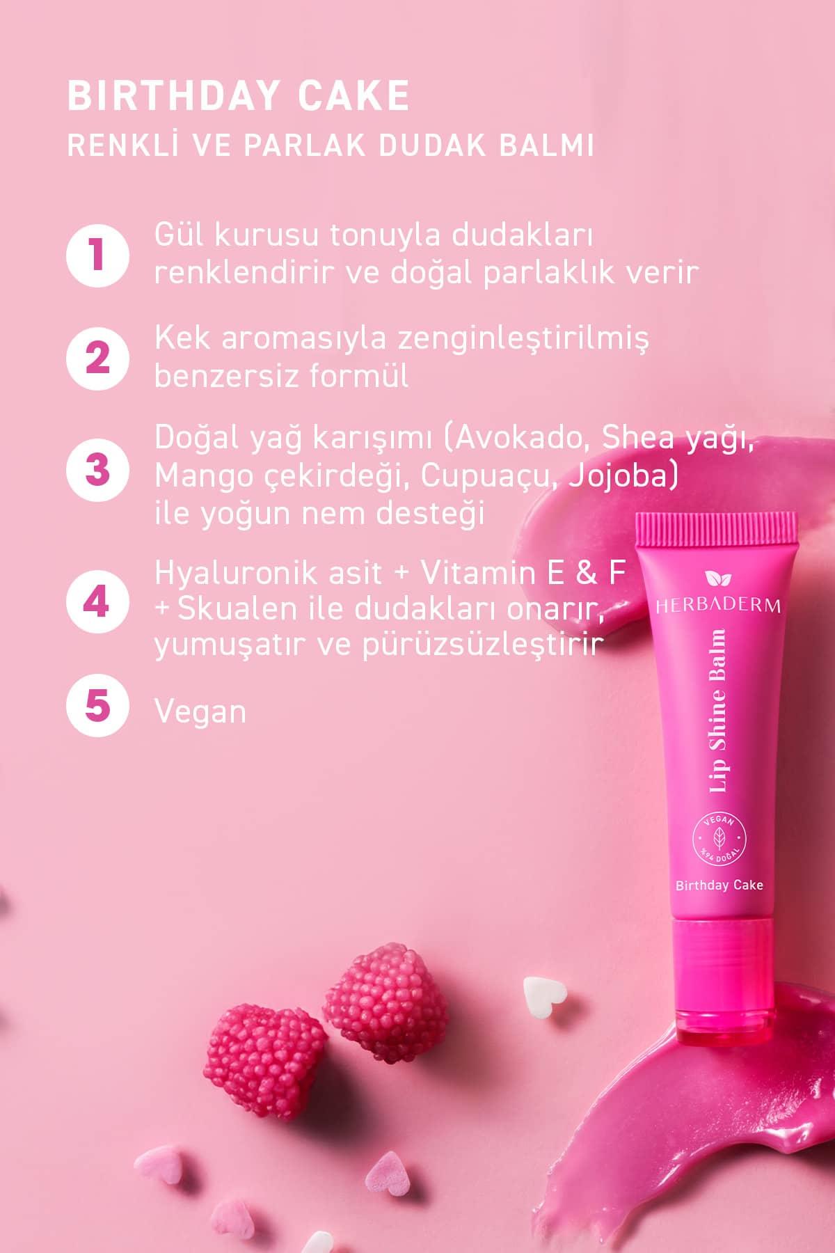 Parlatıcı, Dolgunlaştırıcı, Onarıcı Vegan Dudak Balmı, Meyveli Pasta Aromalı 10 ml