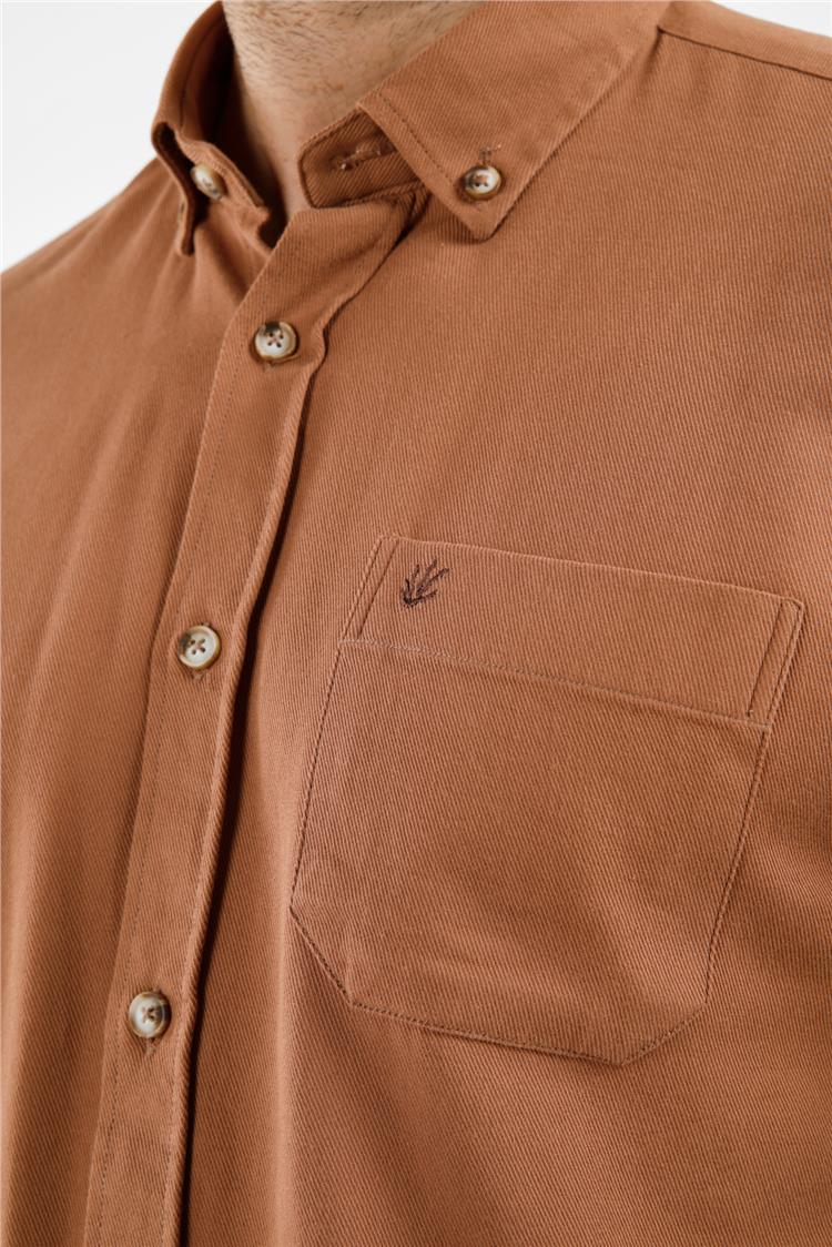 Bej Düğmeli Yaka Cepli Uzun Kol Slim Fit %100 Pamuk Gömlek 1004255213