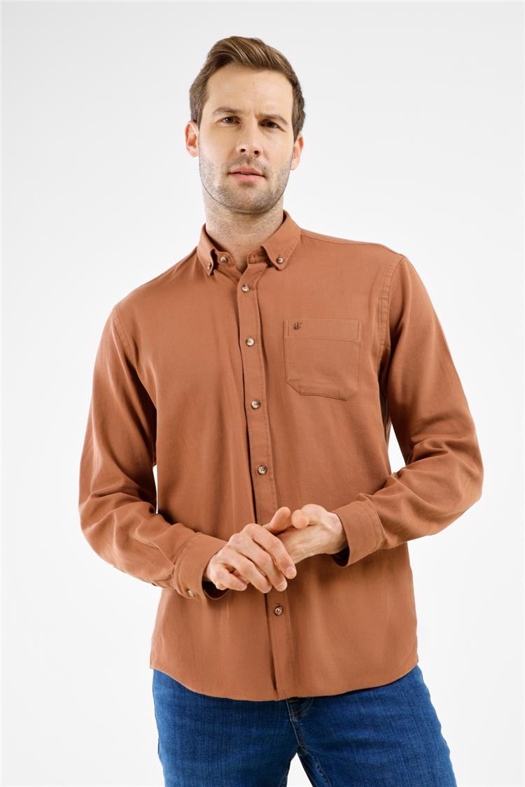 Bej Düğmeli Yaka Cepli Uzun Kol Slim Fit %100 Pamuk Gömlek 1004255213