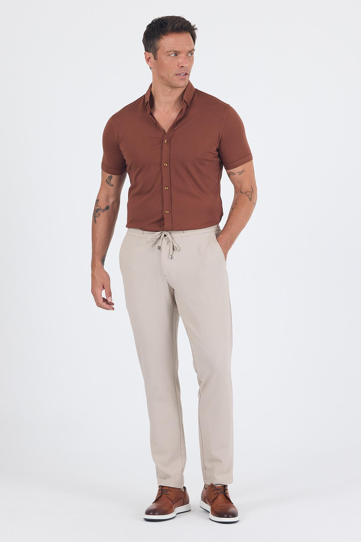 Bej Esnek Lastikli Yandan Cepli Casual Comfort Fit Jogger Pantolon 1003250210