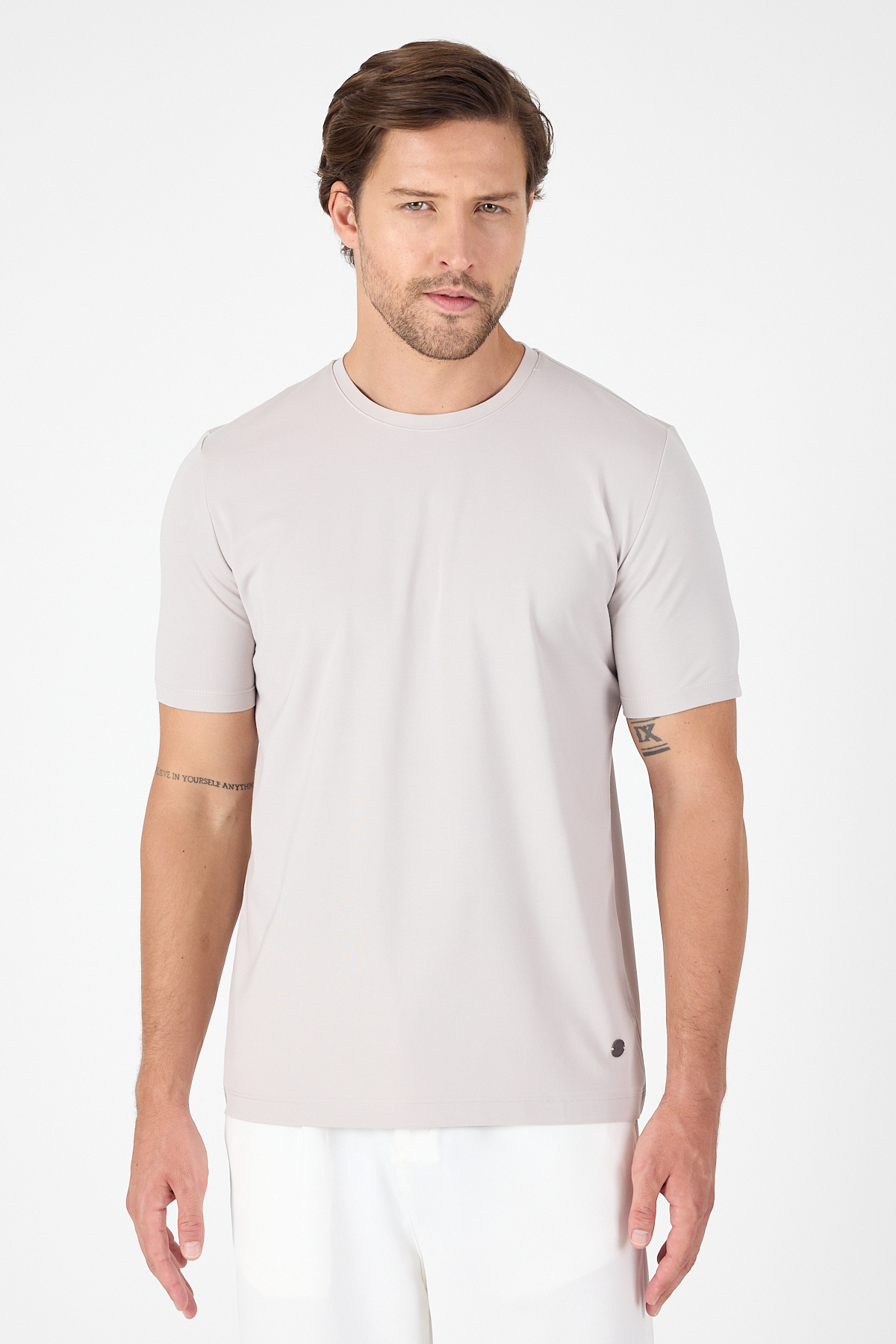 Bej Kısa Kol Bisiklet Yaka Cepsiz Pamuklu Casual Slim Fit Tişört 1011250165