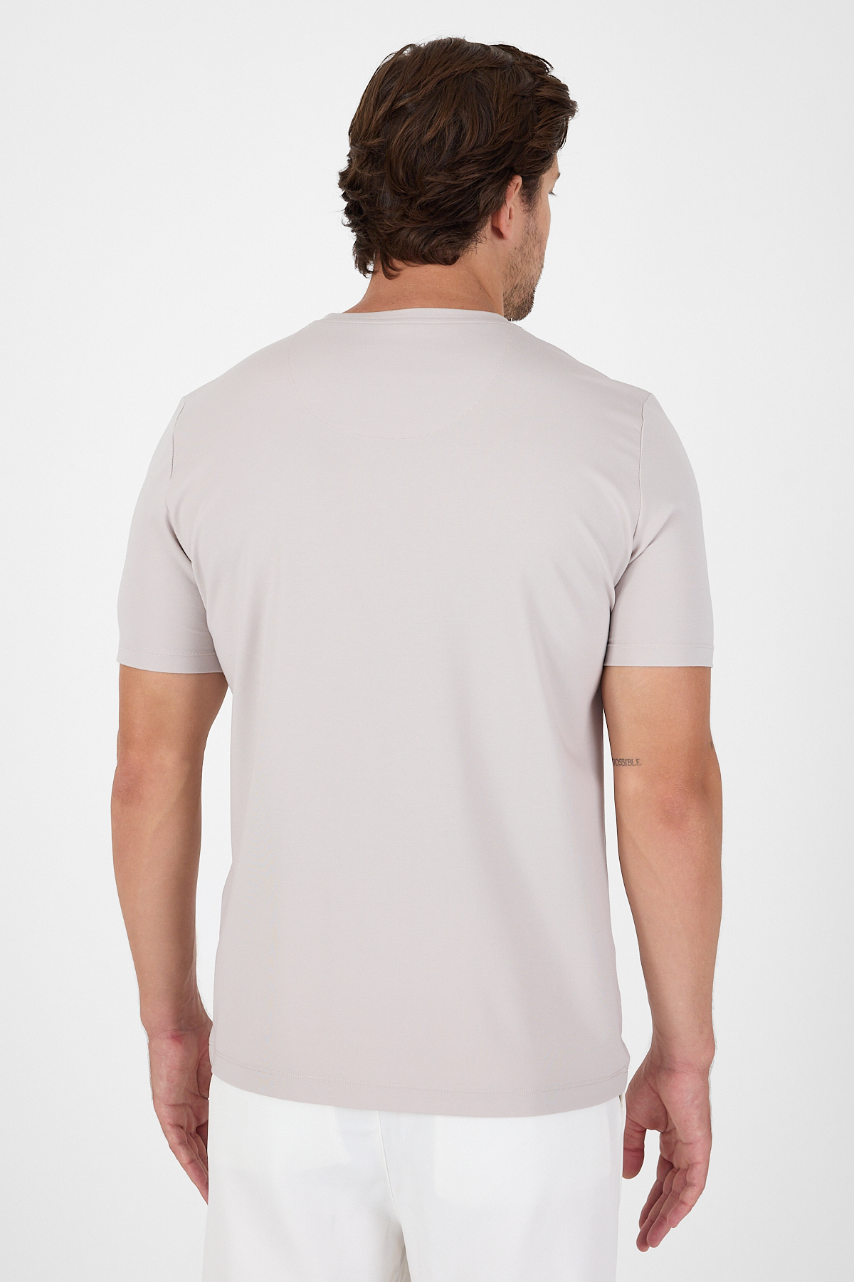 Bej Kısa Kol Bisiklet Yaka Cepsiz Pamuklu Casual Slim Fit Tişört 1011250165