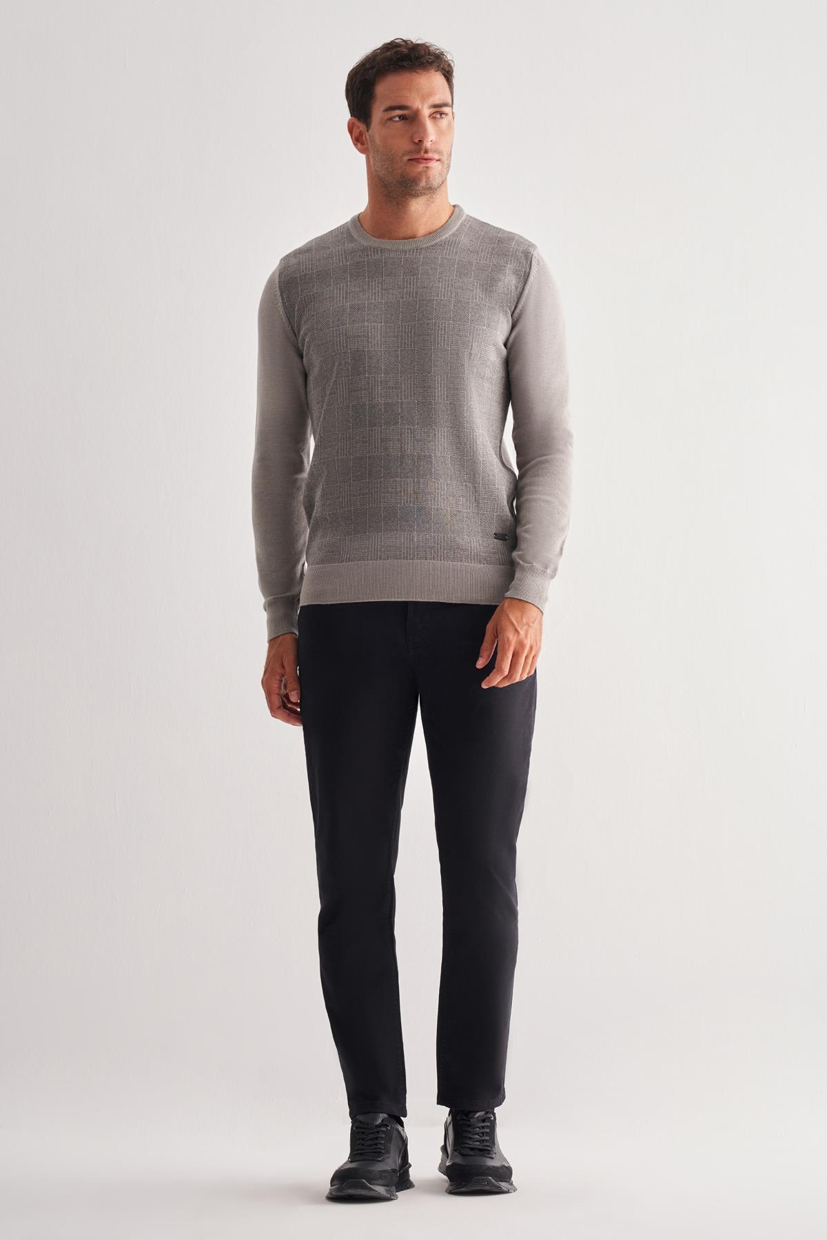 Gri Bisiklet Yaka Uzun Kol Cepsiz Comfort Fit Pamuklu Triko Kazak 1012255217
