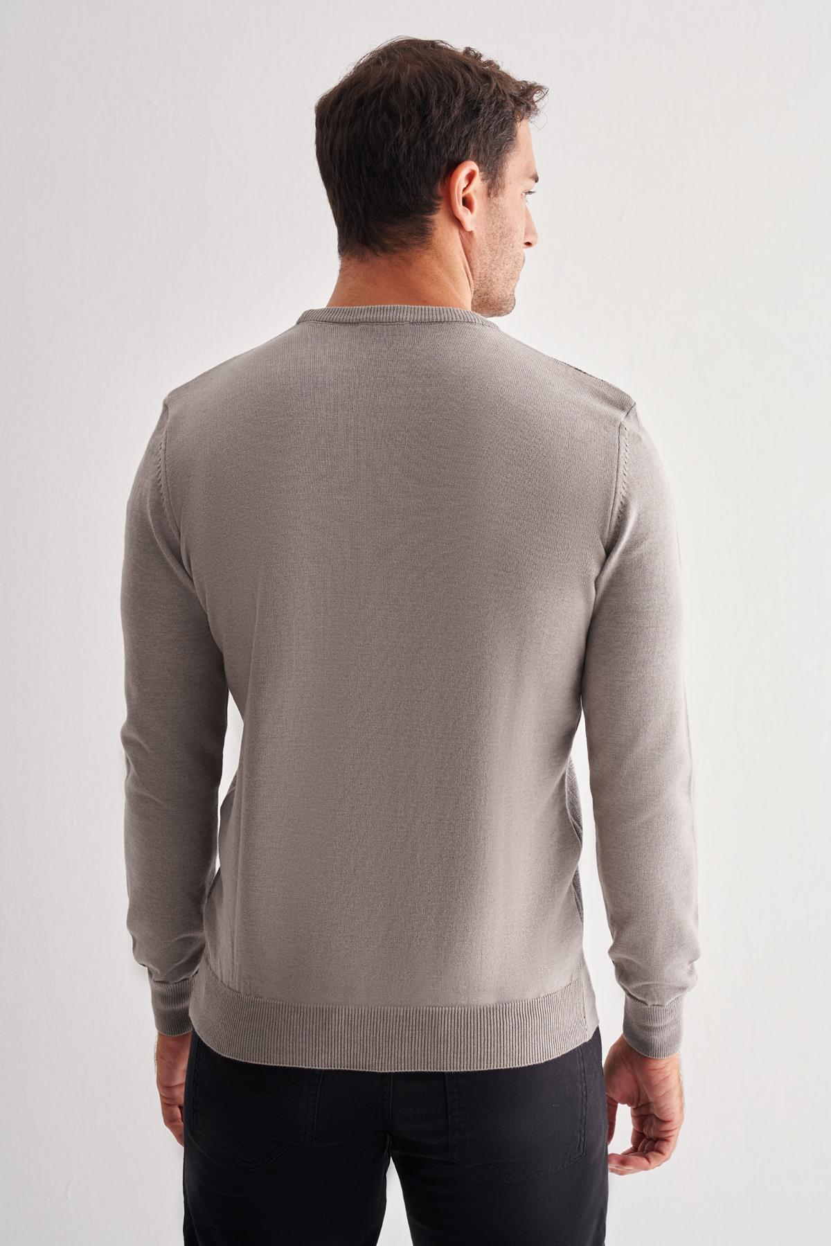Gri Bisiklet Yaka Uzun Kol Cepsiz Comfort Fit Pamuklu Triko Kazak 1012255217